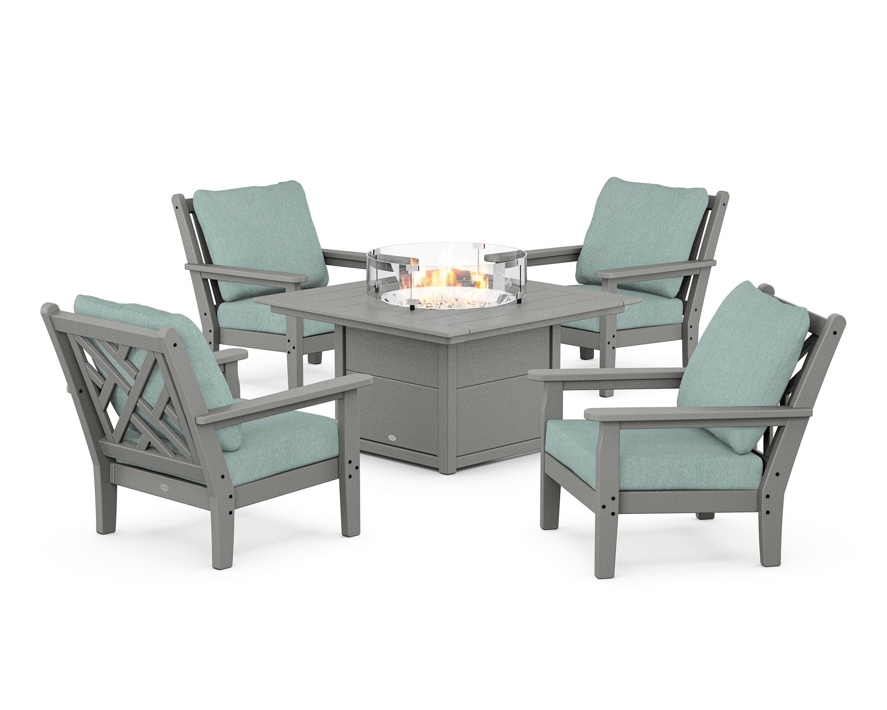 POLYWOOD Chippendale 5-Piece Deep Seating Set with Fire Pit Table in Slate Grey / Glacier Spa