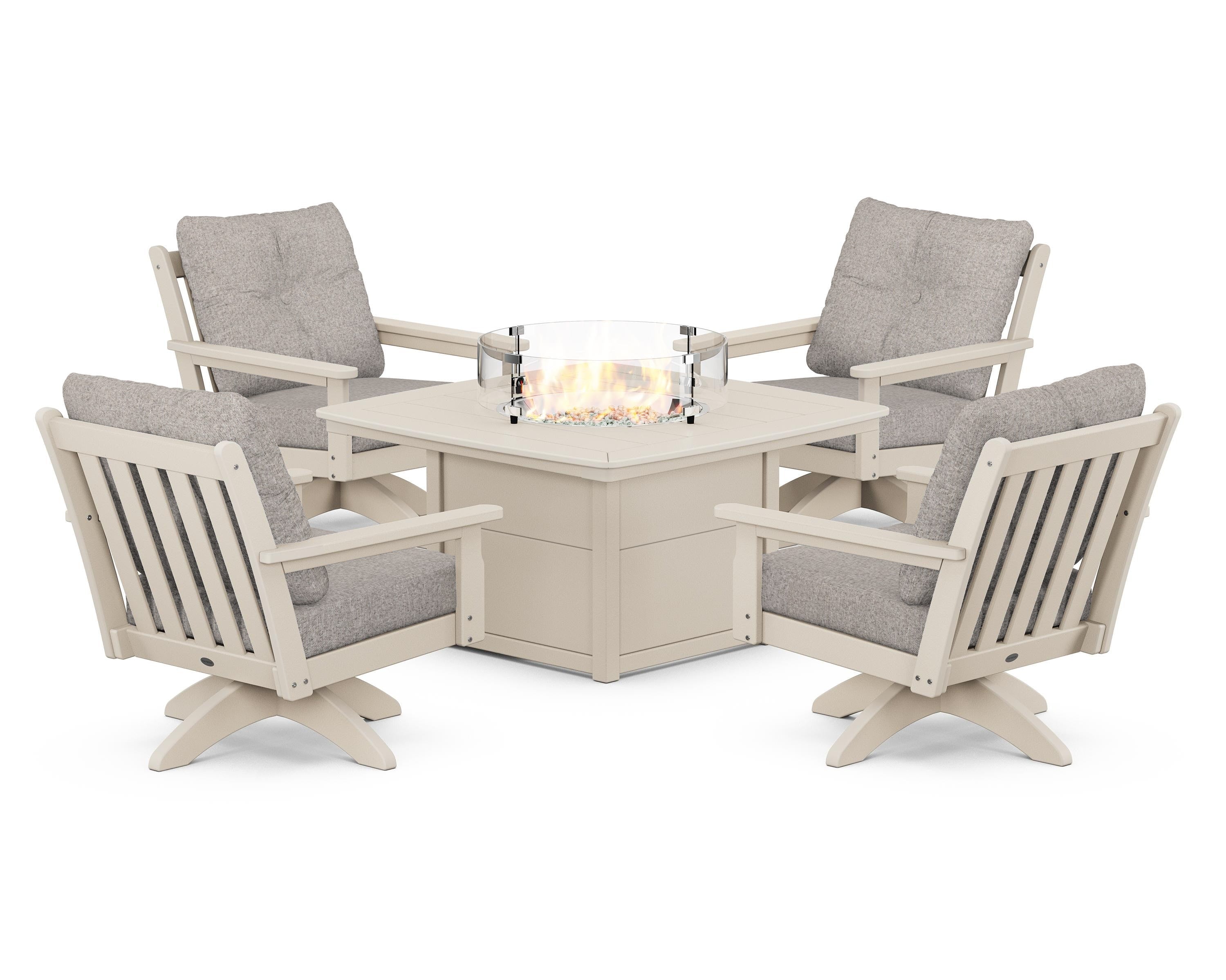 POLYWOOD Vineyard 5-Piece Deep Seating Swivel Conversation Set with Fire Pit Table in Sand / Weathered Tweed