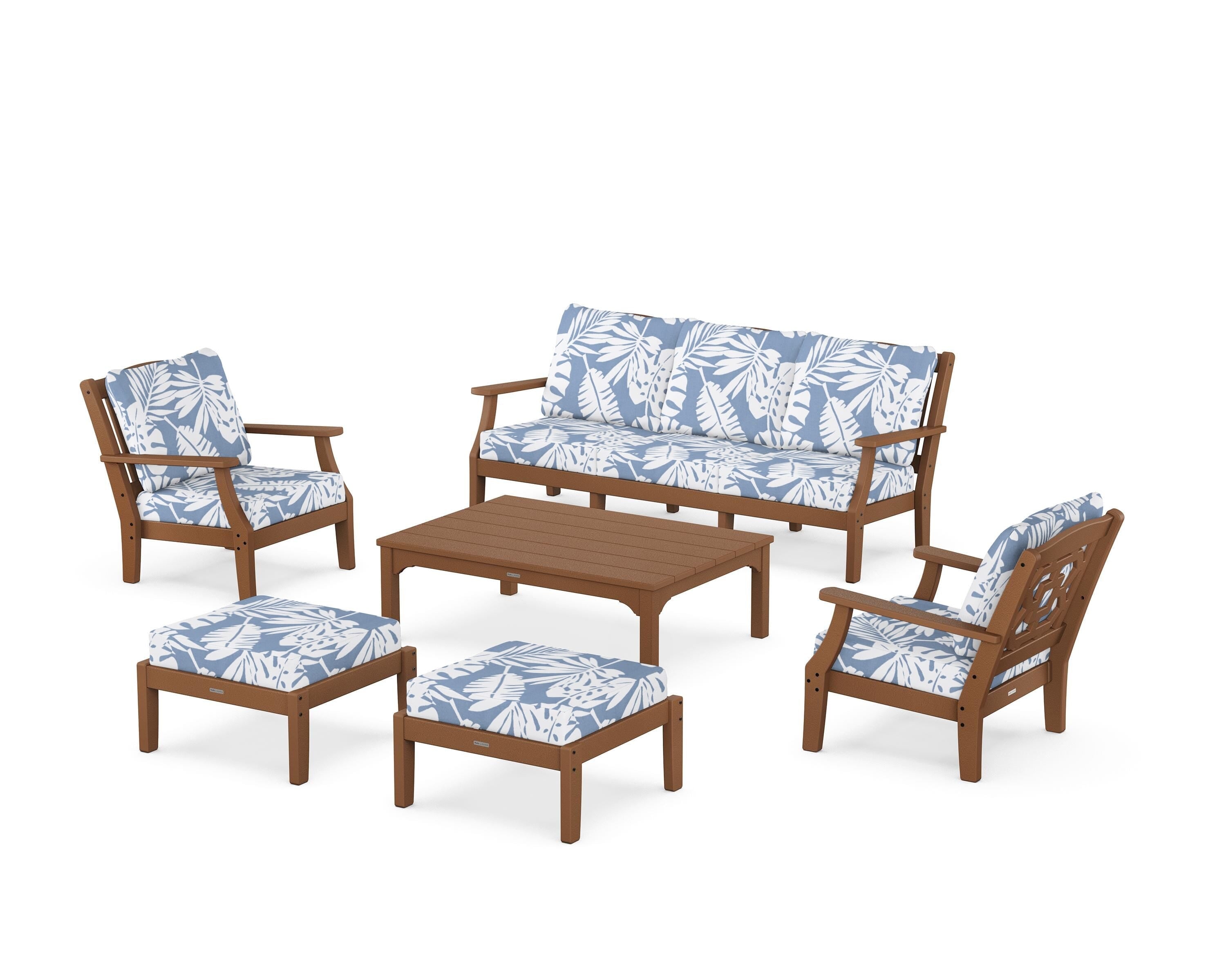 Martha Stewart by POLYWOOD Chinoiserie 6-Piece Lounge Sofa Set in Teak / Leaf Sky Blue