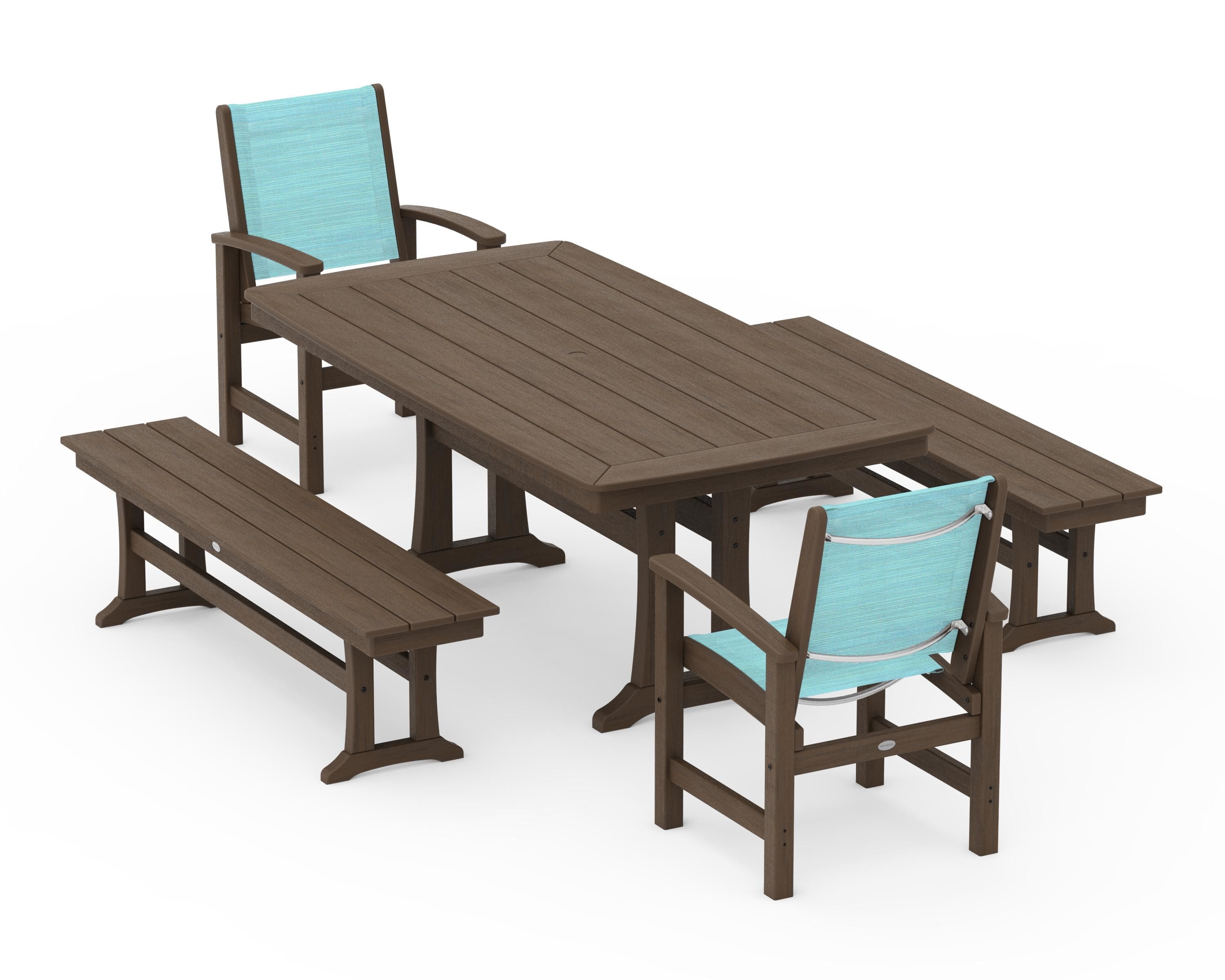 POLYWOOD Coastal 5-Piece Dining Set with Trestle Legs and Benches in Kona / Dupioni Aquamarine Sling