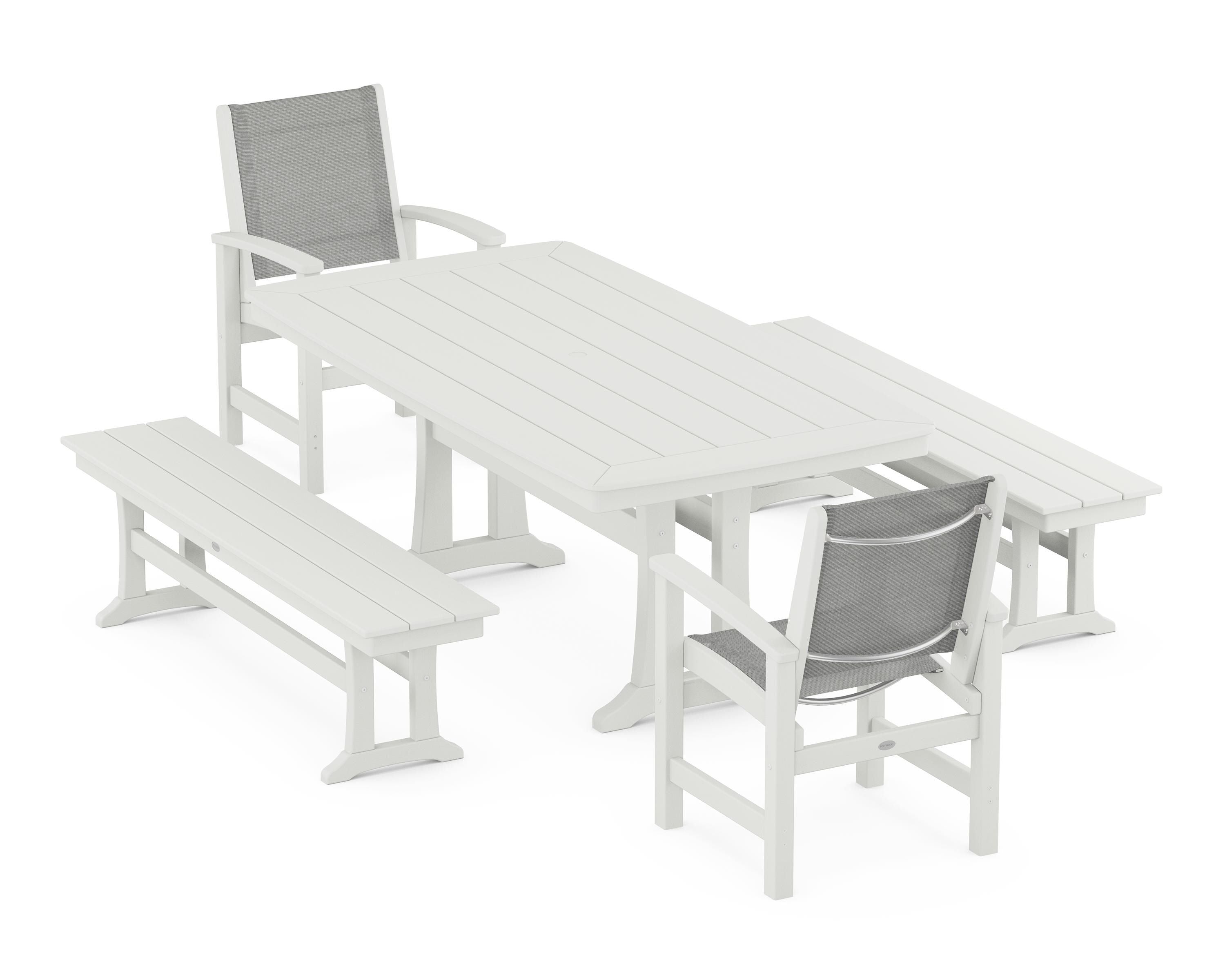 POLYWOOD Coastal 5-Piece Dining Set with Trestle Legs and Benches in Vintage White / Metallic Sling