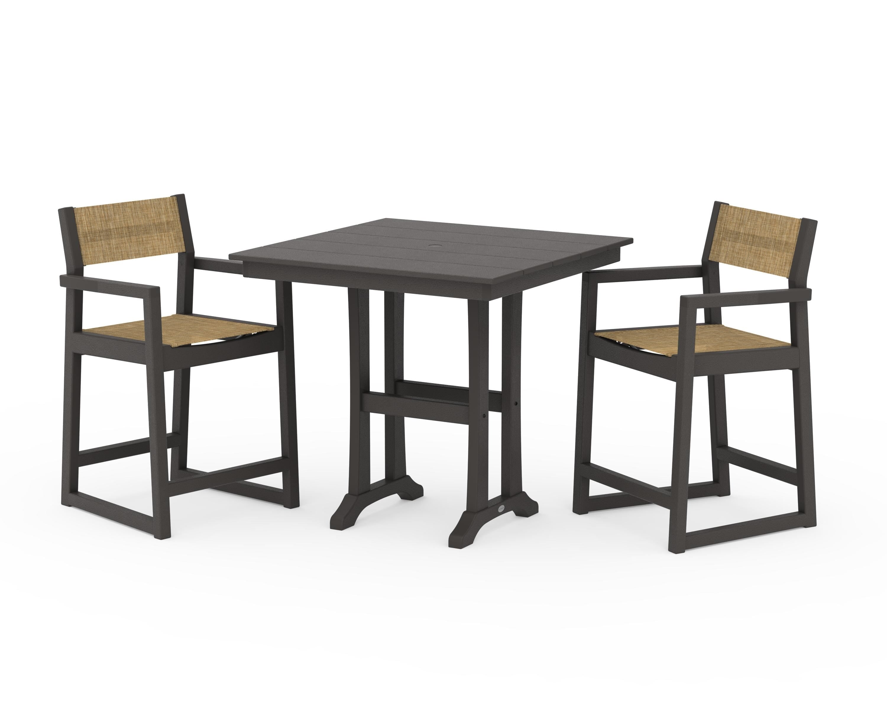 POLYWOOD EDGE Sling Arm Chair 3-Piece Farmhouse Counter Set with Trestle Legs in Vintage Coffee / Burlap Sling