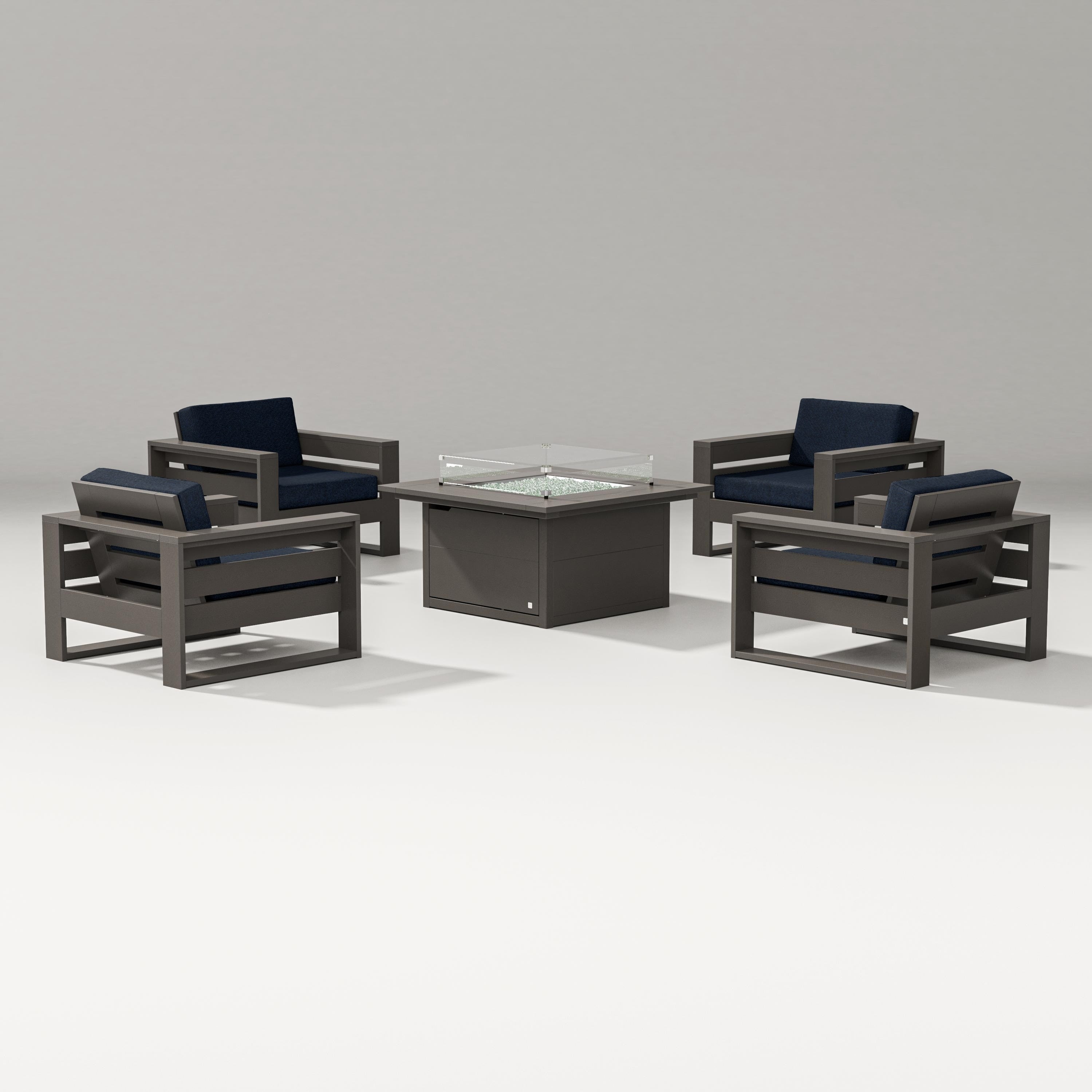 PW Designer Series Latitude 5-Piece Lounge Fire Table Set in Vintage Coffee / Marine Indigo