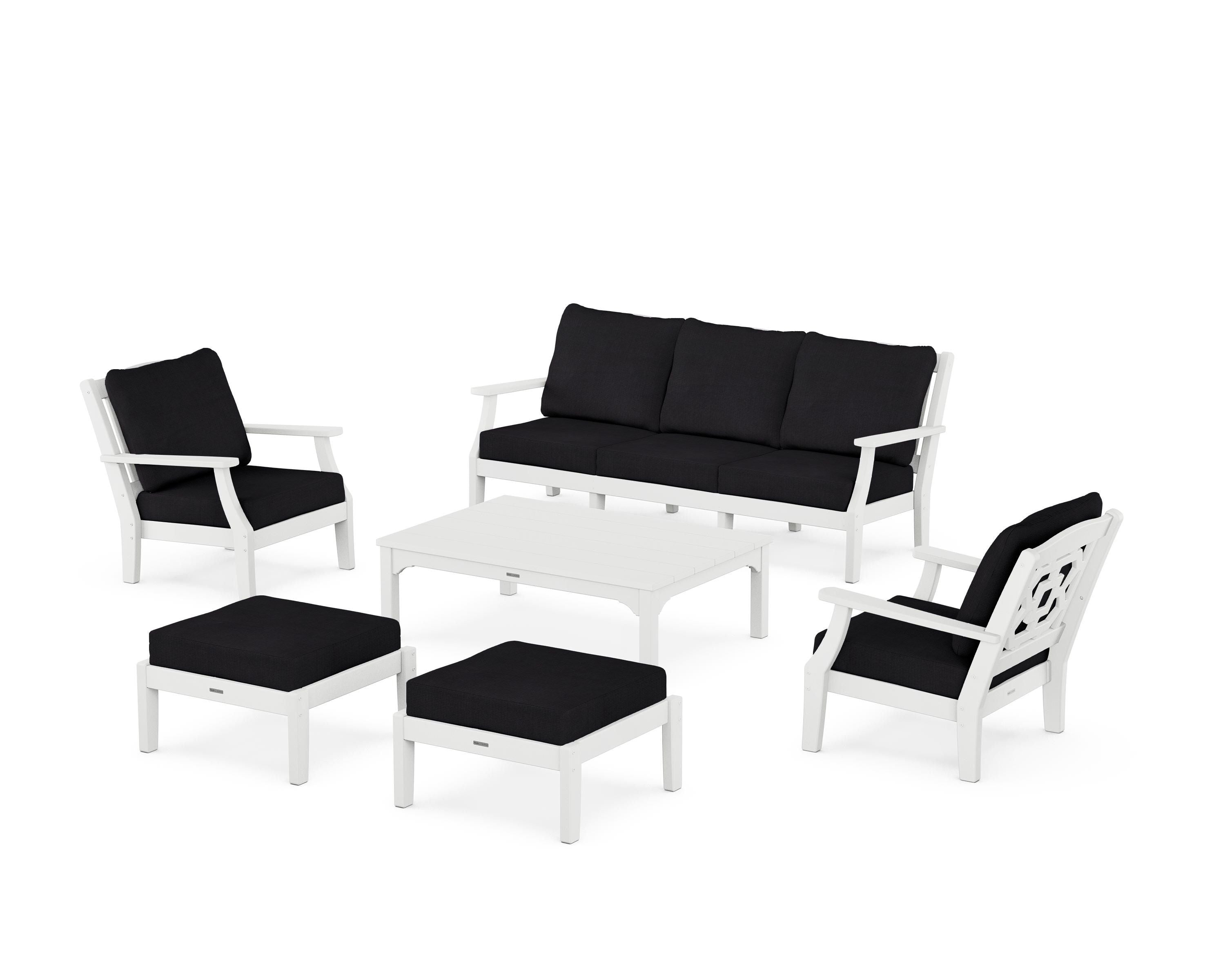 Martha Stewart by POLYWOOD Chinoiserie 6-Piece Lounge Sofa Set in White / Midnight Linen