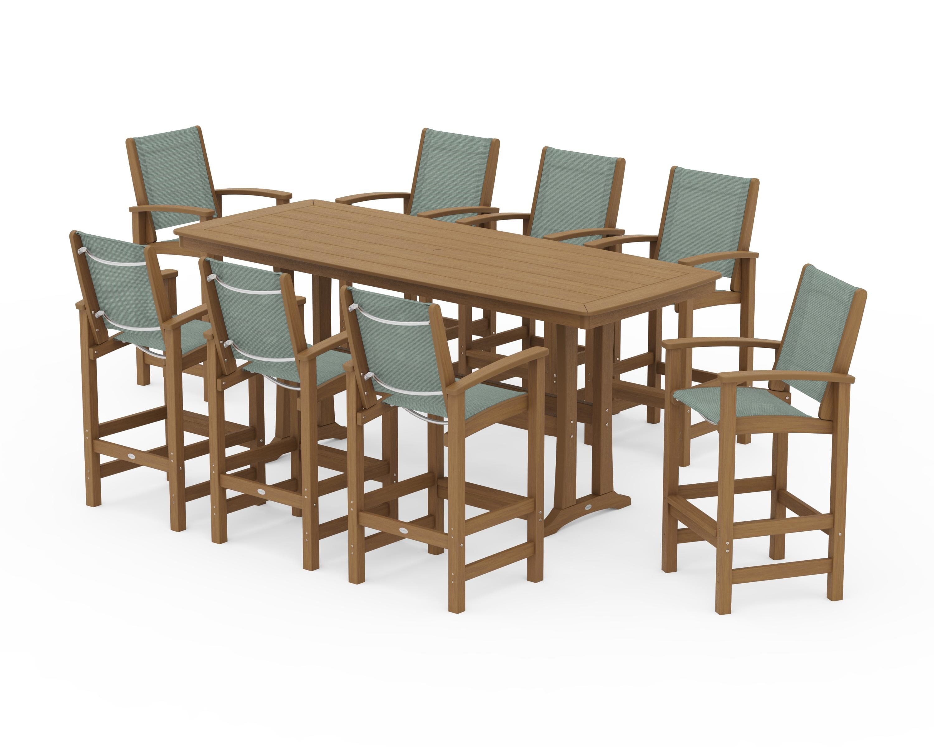 POLYWOOD Coastal 9-Piece Bar Set with Trestle Legs in Natural / Dupioni Sea Mist Sling