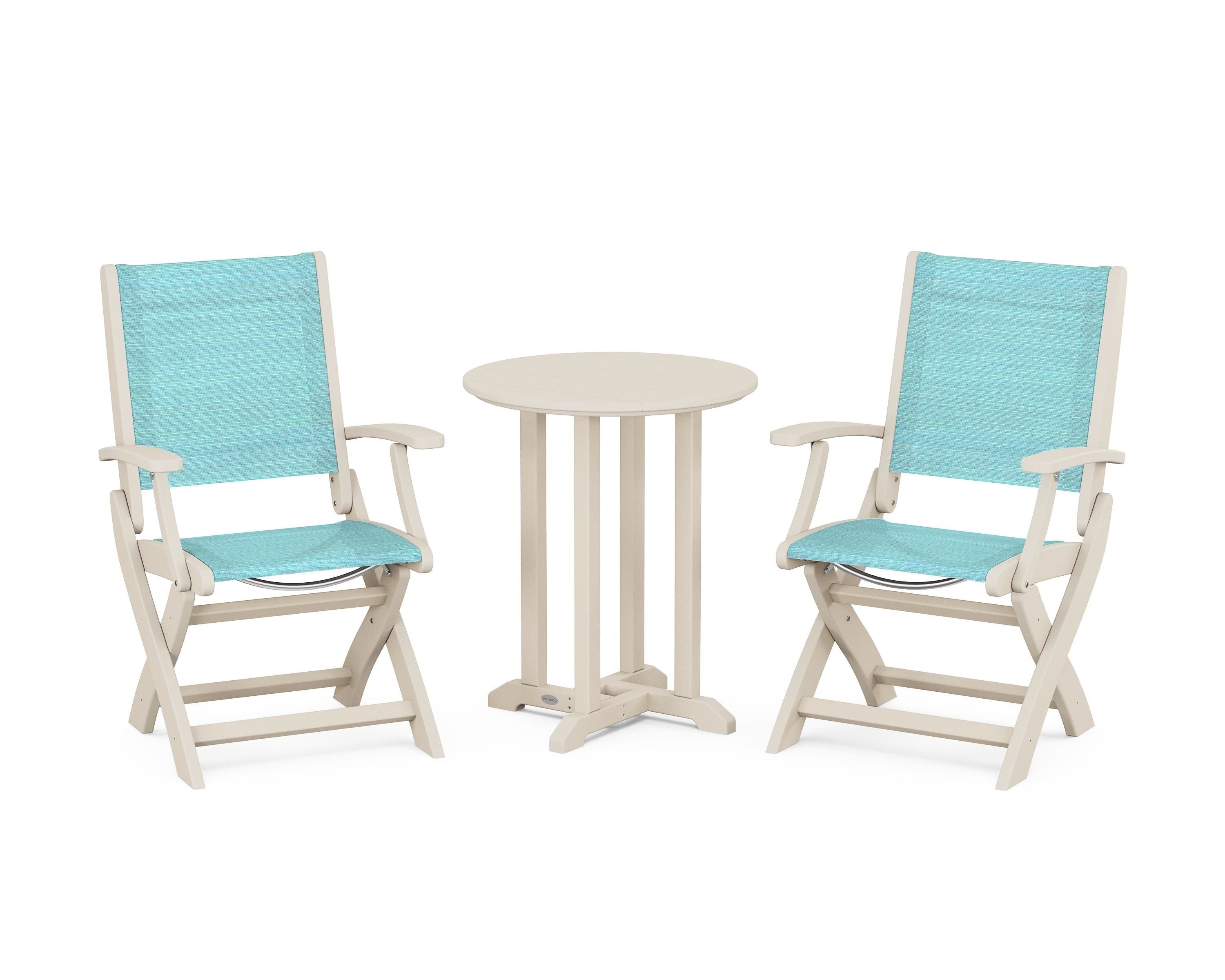 POLYWOOD Coastal Folding 3-Piece Round Bistro Dining Set in Sand / Dupioni Aquamarine Sling