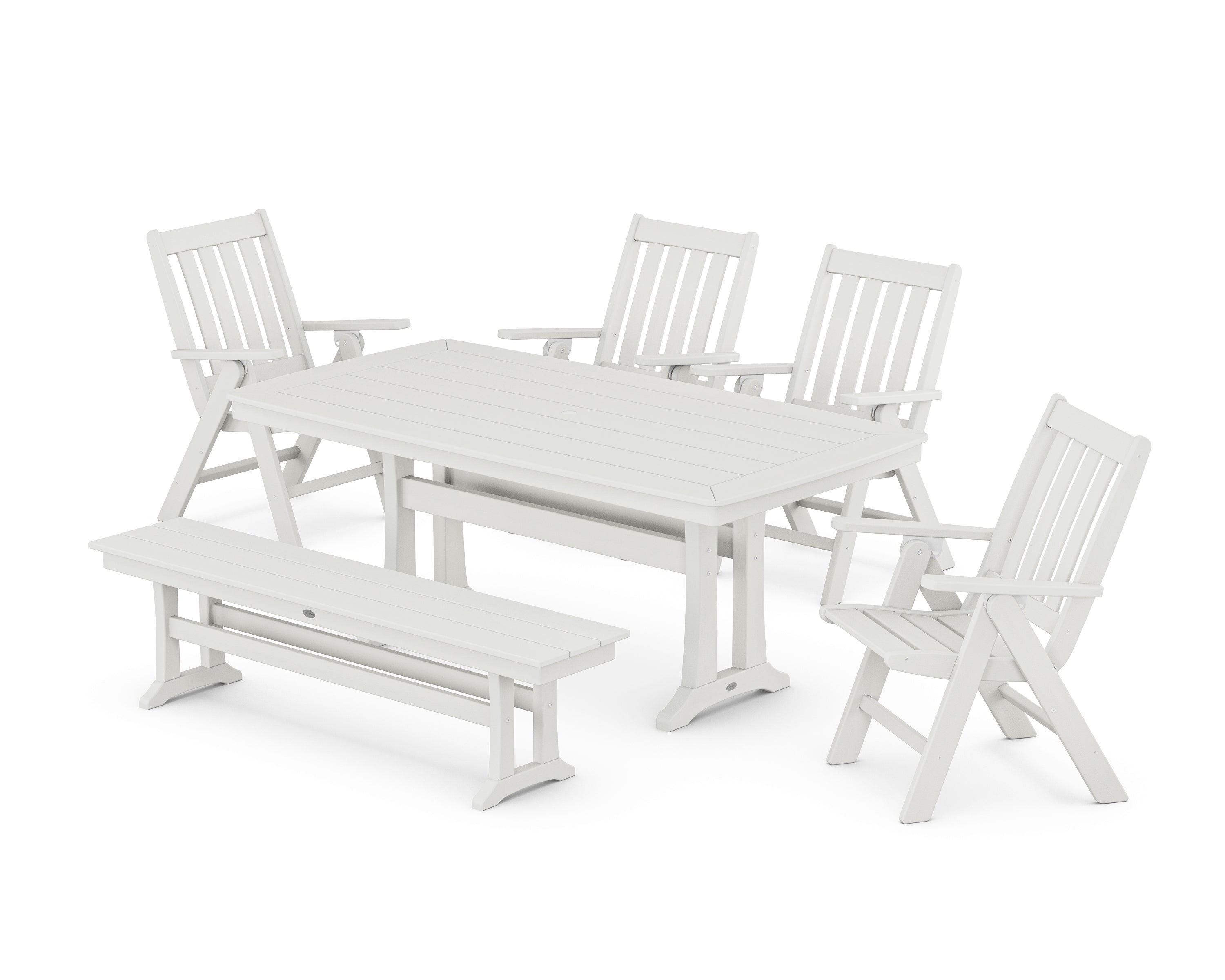 POLYWOOD Vineyard Folding Chair 6-Piece Dining Set with Trestle Legs and Bench in Vintage White