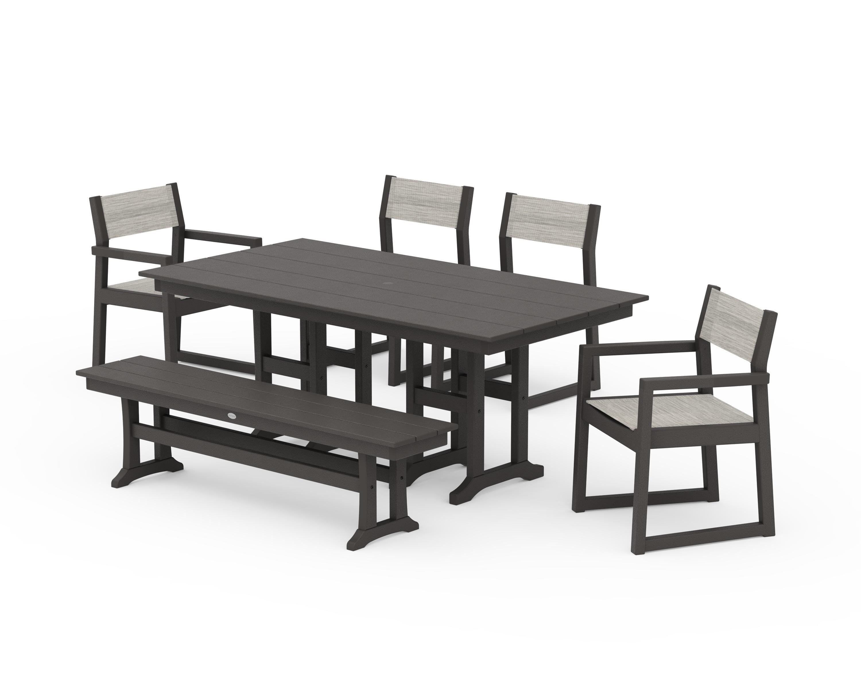POLYWOOD EDGE Sling 6-Piece Farmhouse Dining Set in Vintage Coffee / Birch Sling