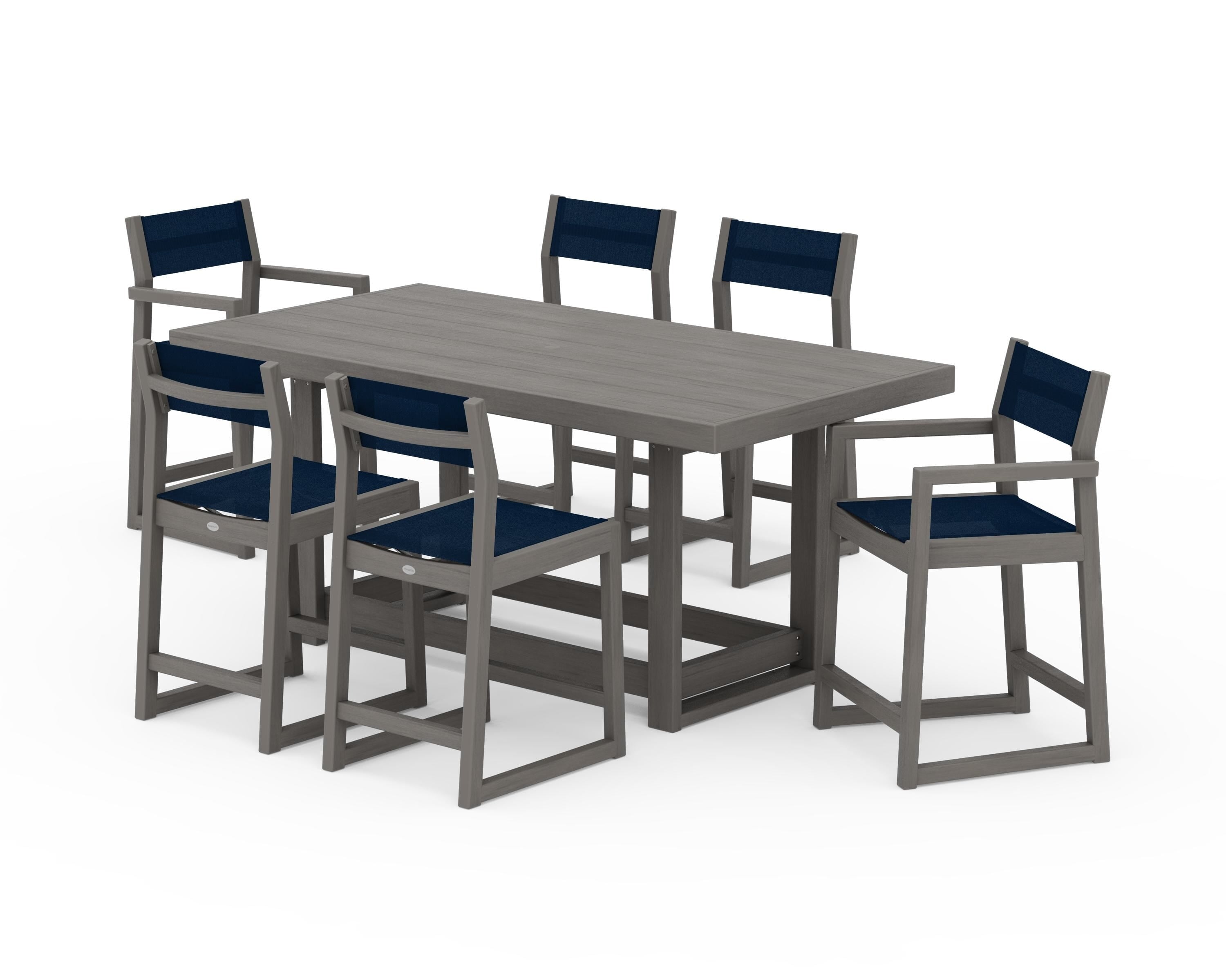 POLYWOOD EDGE Sling 7-Piece Counter Table Set in Driftwood / Navy Blue Sling