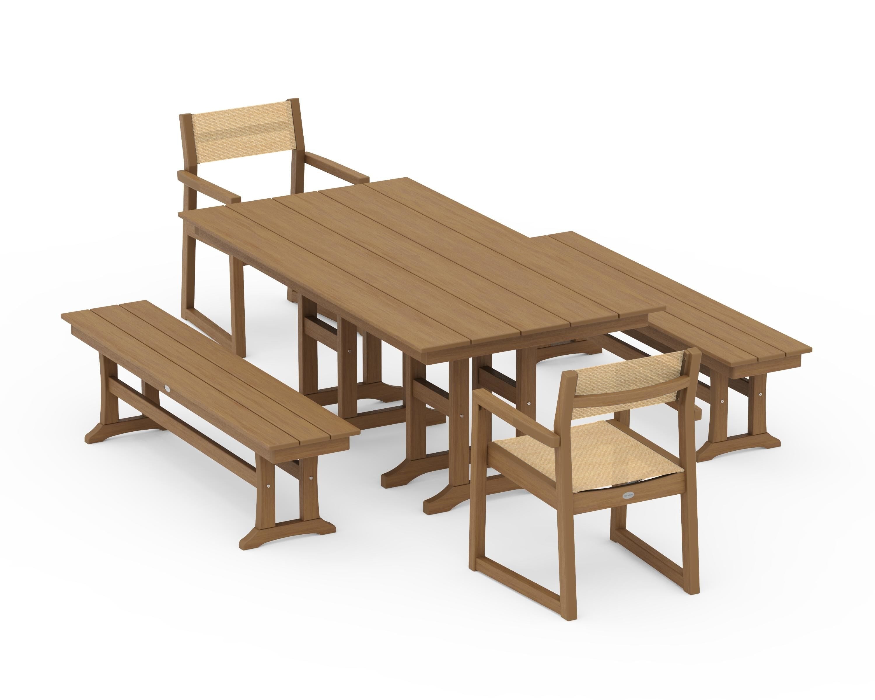 POLYWOOD EDGE Sling Arm Chair 5-Piece Farmhouse Dining Set with Benches in Natural / Dupioni Apricot Sling