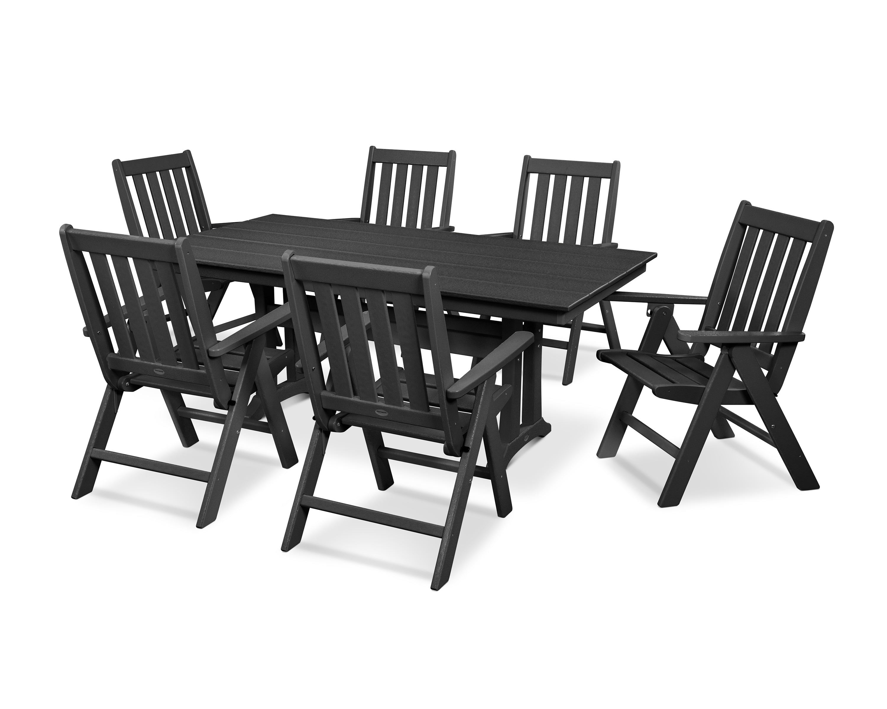 POLYWOOD® Vineyard Folding Chair 7-Piece Farmhouse Dining Set with Trestle Legs in Black