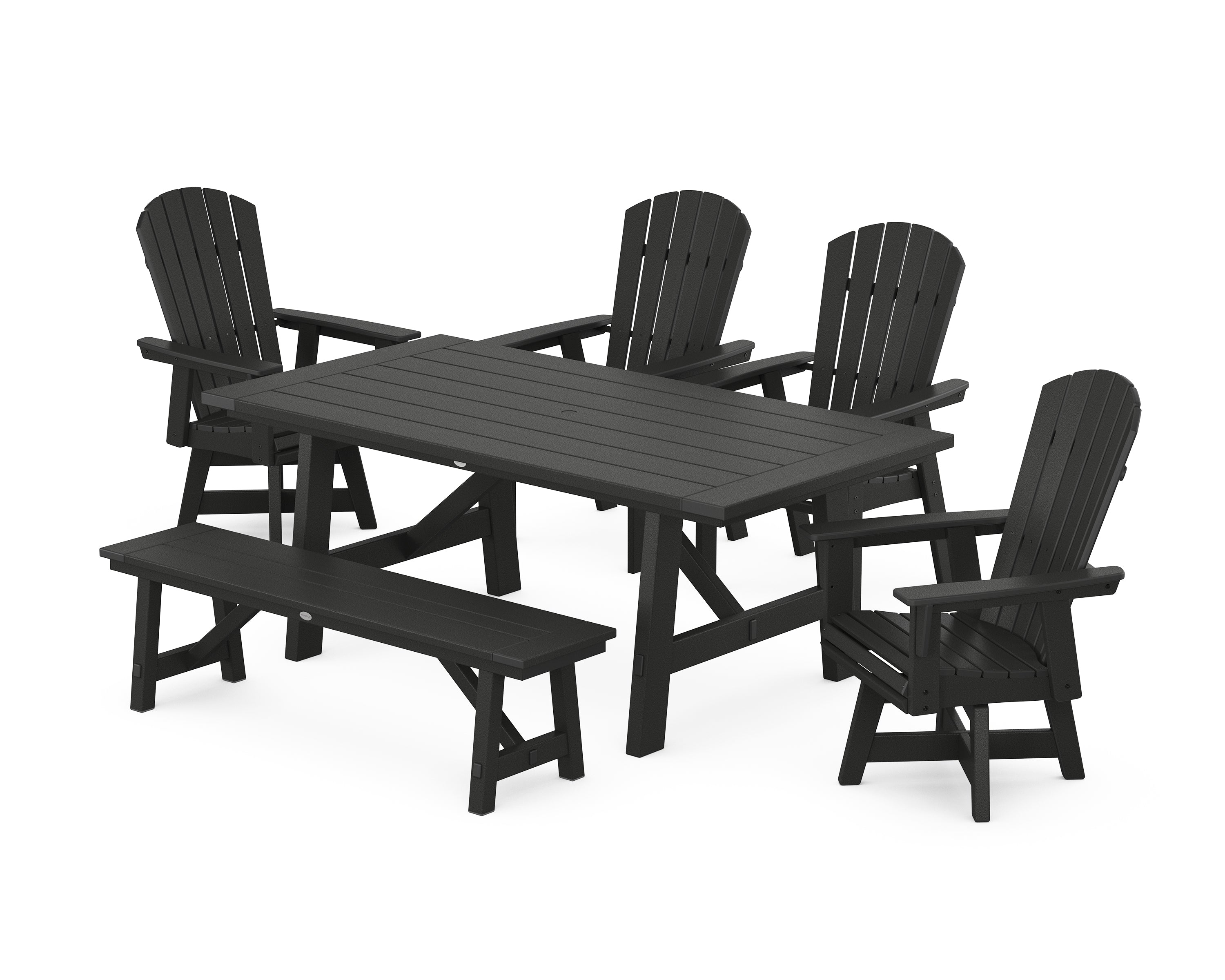 POLYWOOD® Nautical Adirondack Swivel 6-Piece Rustic Farmhouse Dining Set With Trestle Legs in Black