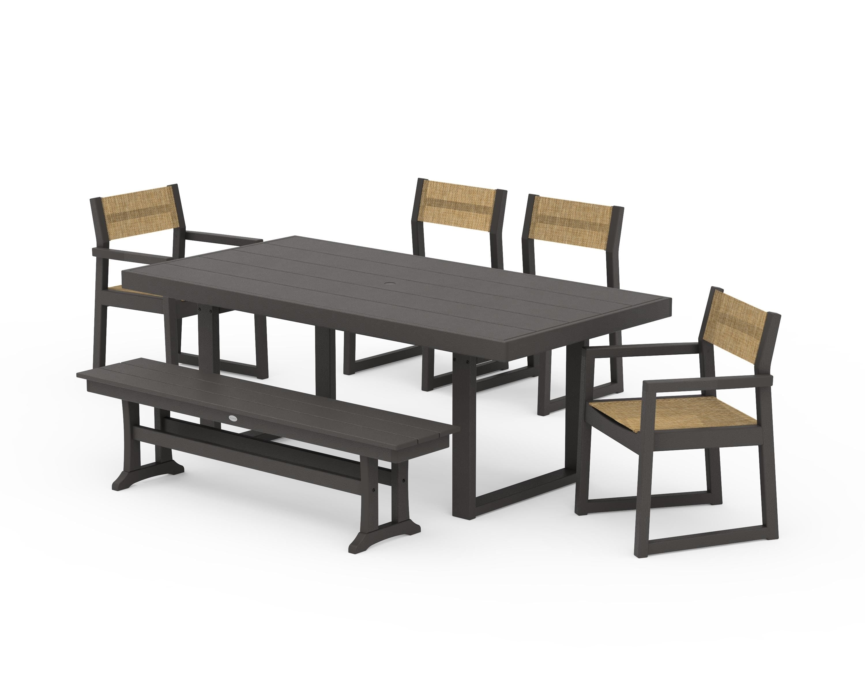 POLYWOOD EDGE Sling 6-Piece Dining Set with Bench in Vintage Coffee / Burlap Sling