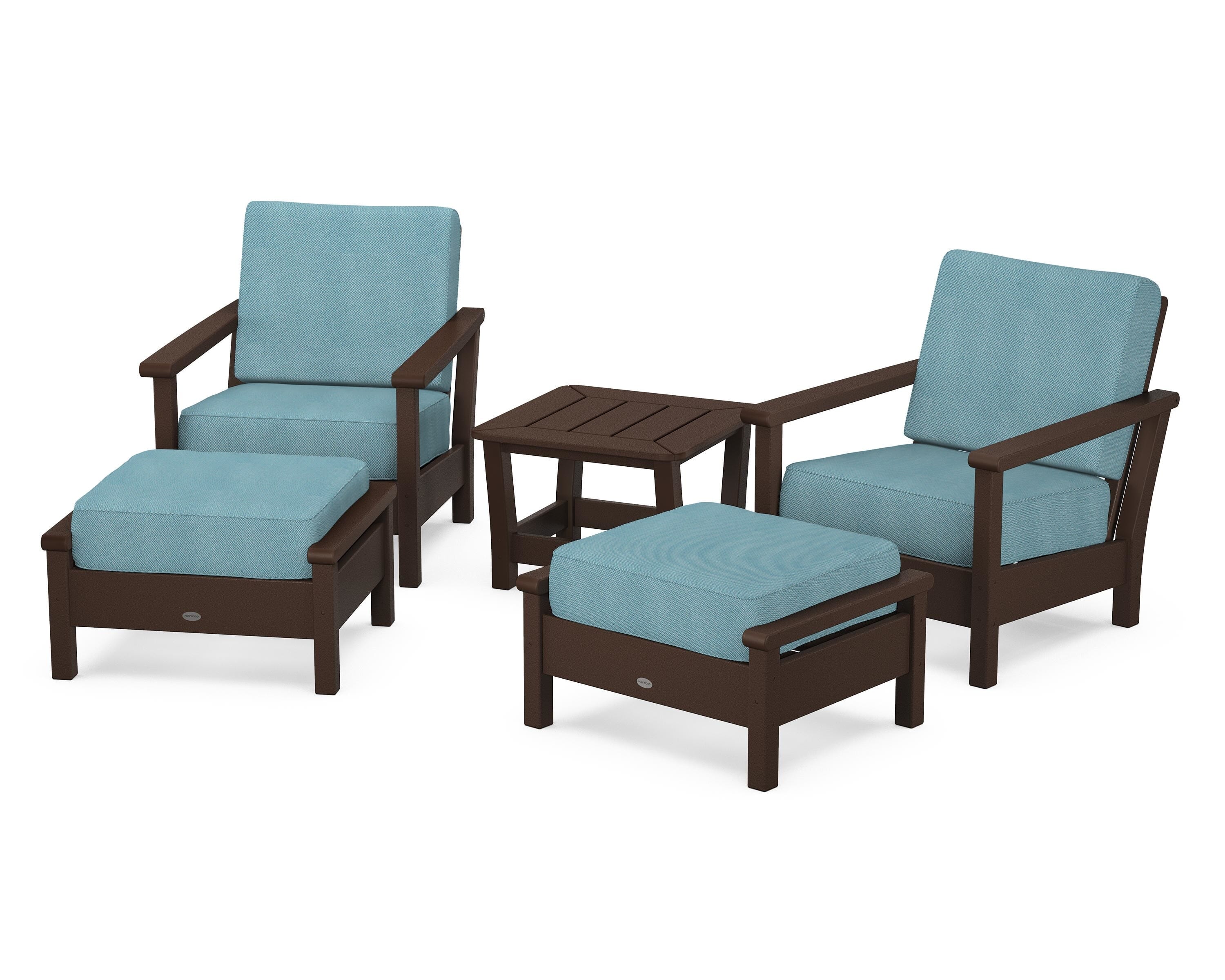 POLYWOOD Harbour 5-Piece Deep Seating Chair Set in Mahogany / Lattice Sky Blue