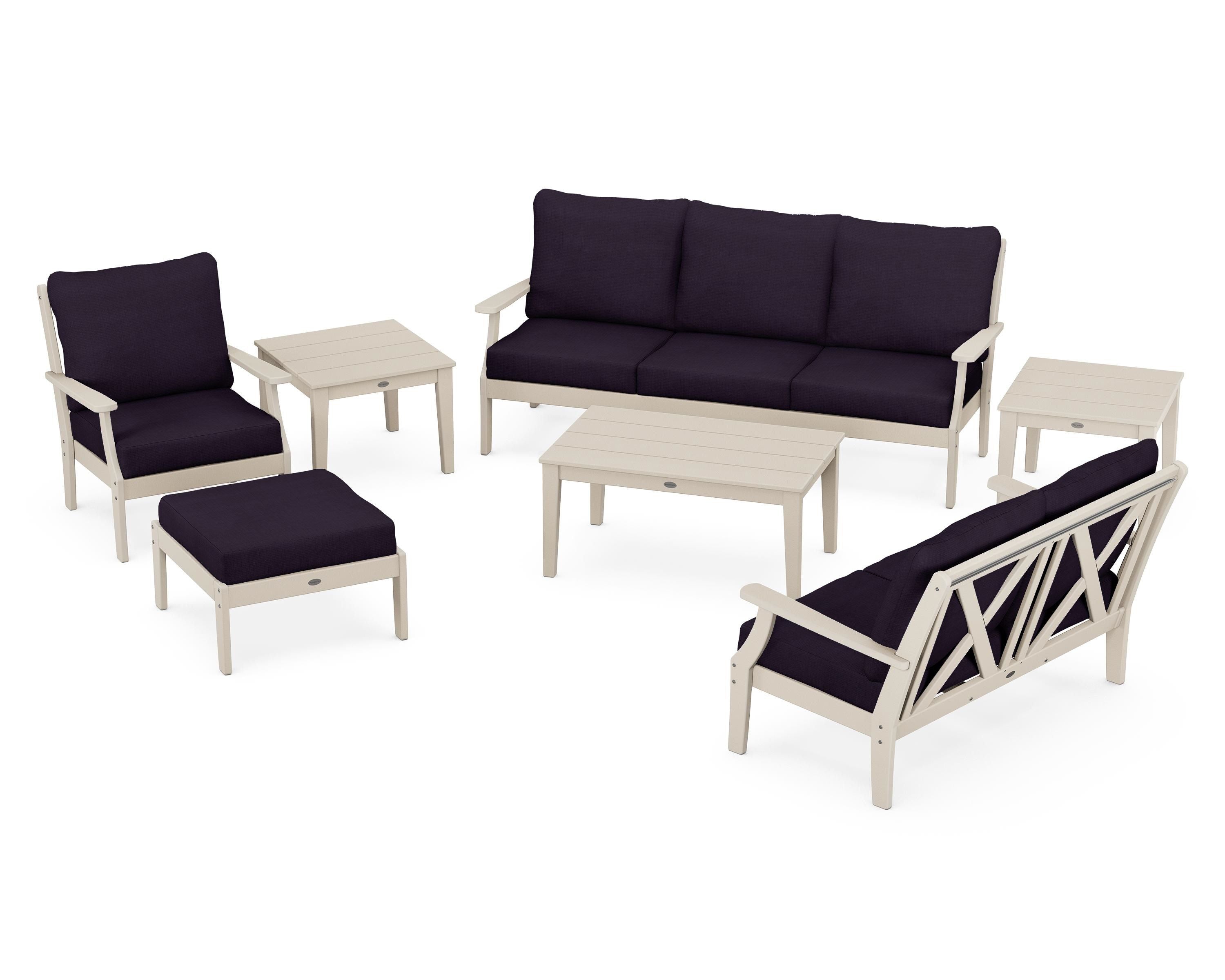 POLYWOOD Braxton 7-Piece Deep Seating Set in Sand / Navy Linen