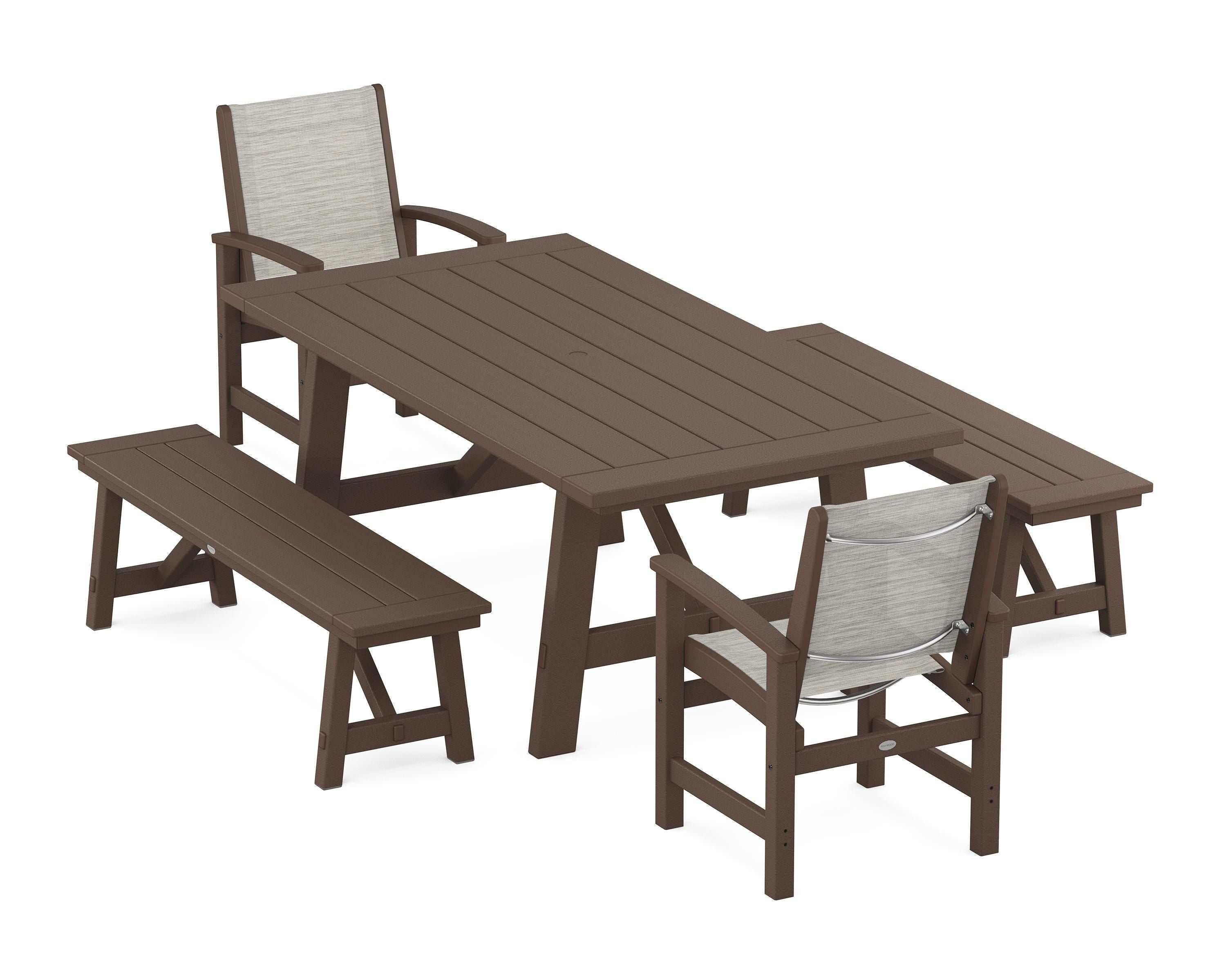 POLYWOOD Coastal 5-Piece Rustic Farmhouse Dining Set With Benches in Mahogany / Birch Sling