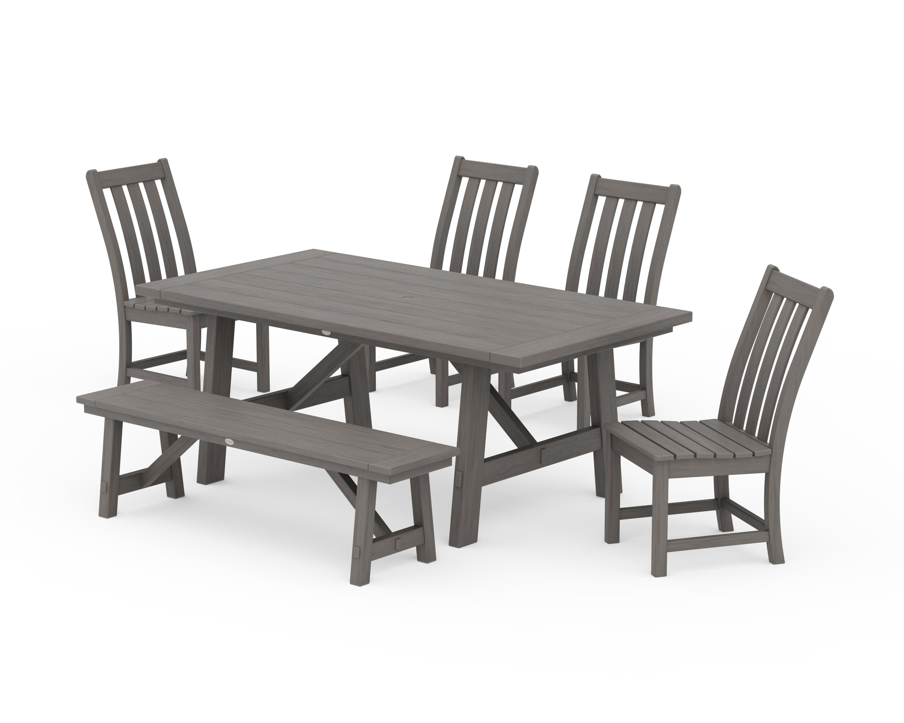 POLYWOOD Vineyard 6-Piece Rustic Farmhouse Side Chair Dining Set with Bench in Driftwood