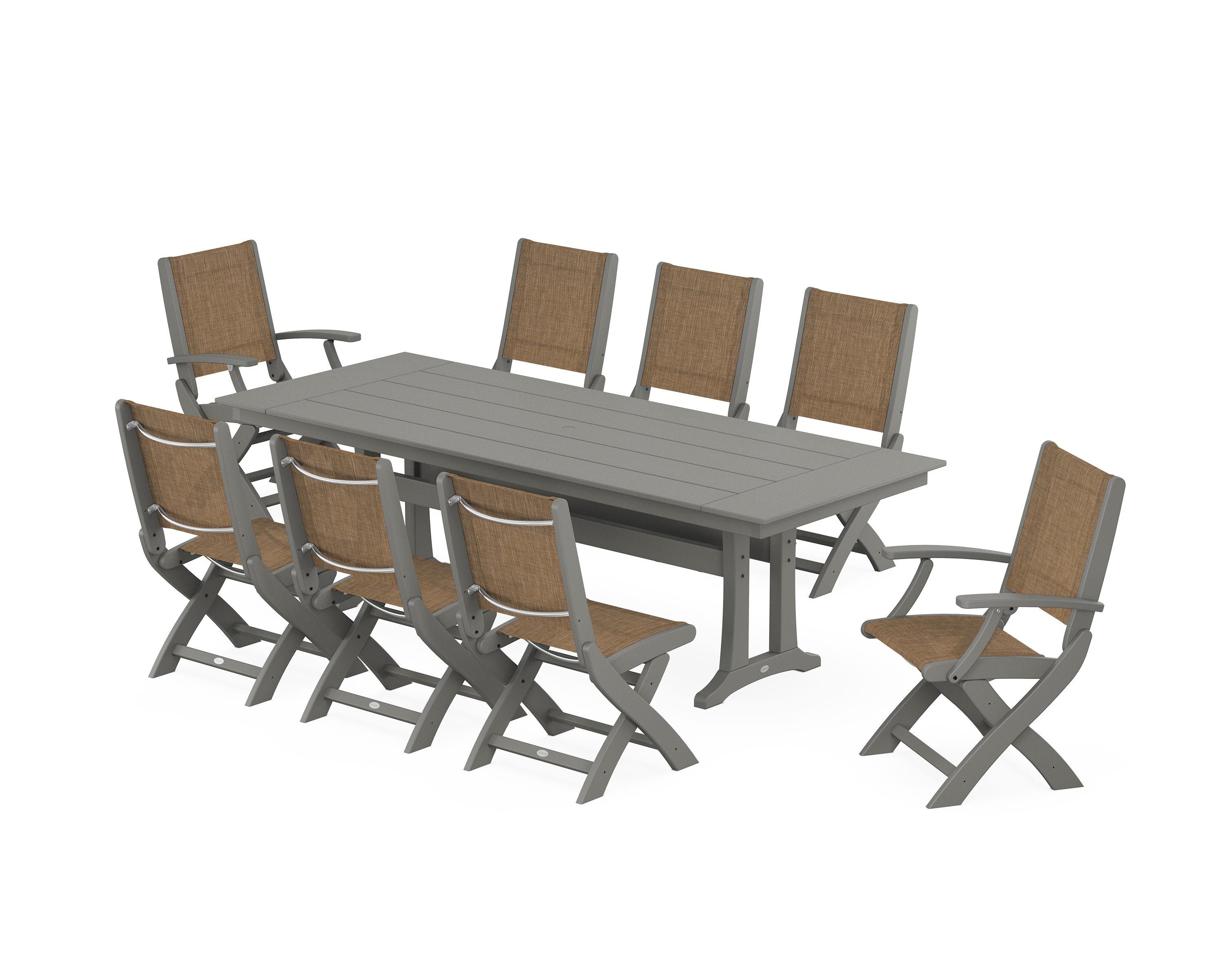 POLYWOOD Coastal 9-Piece Folding Dining Chair Farmhouse Dining Set with Trestle Legs in Slate Grey / Burlap Sling