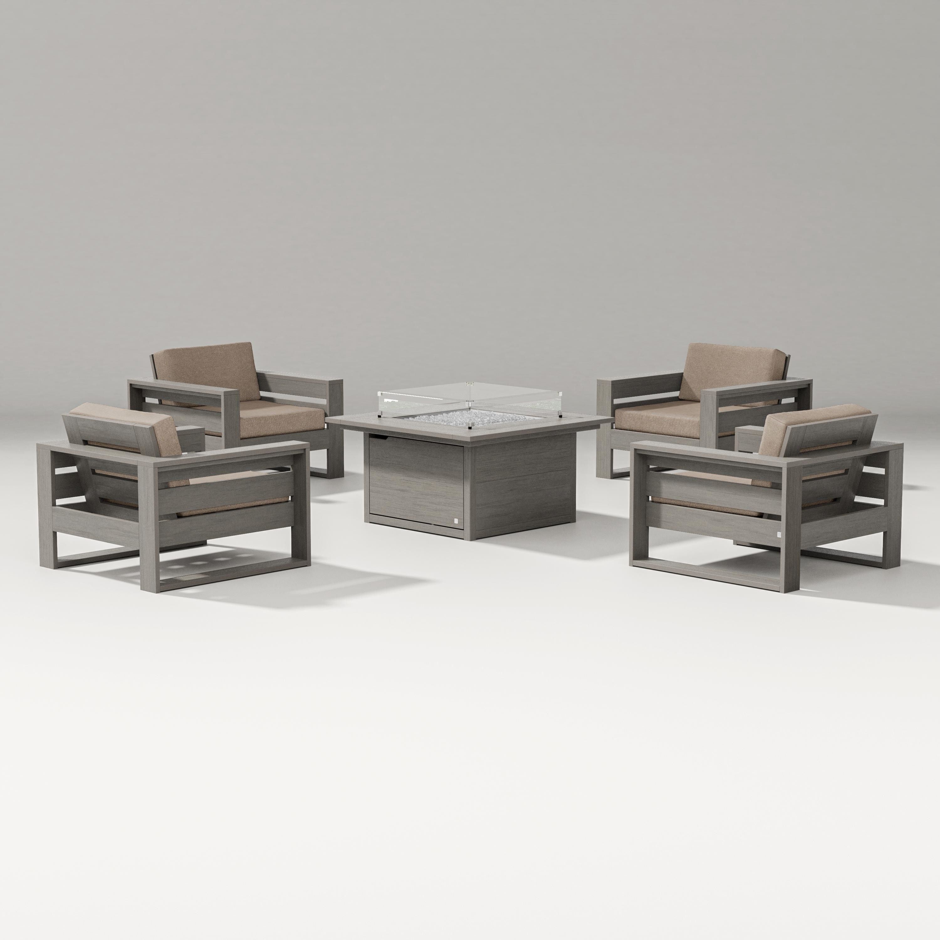 PW Designer Series Latitude 5-Piece Lounge Fire Table Set in Driftwood / Spiced Burlap