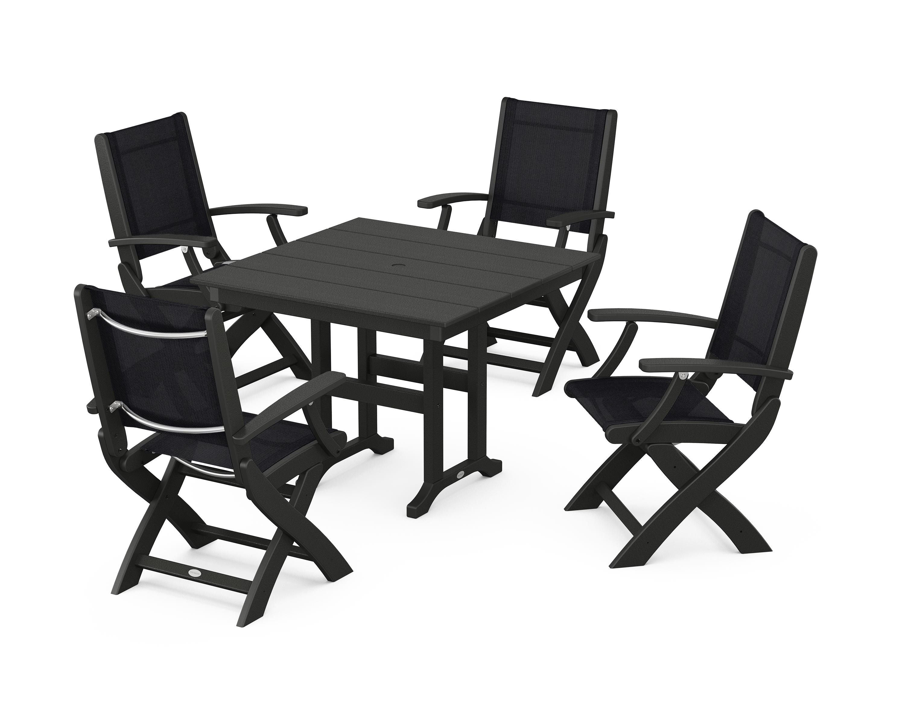 POLYWOOD Coastal Folding Chair 5-Piece Farmhouse Dining Set in Black / Black Sling