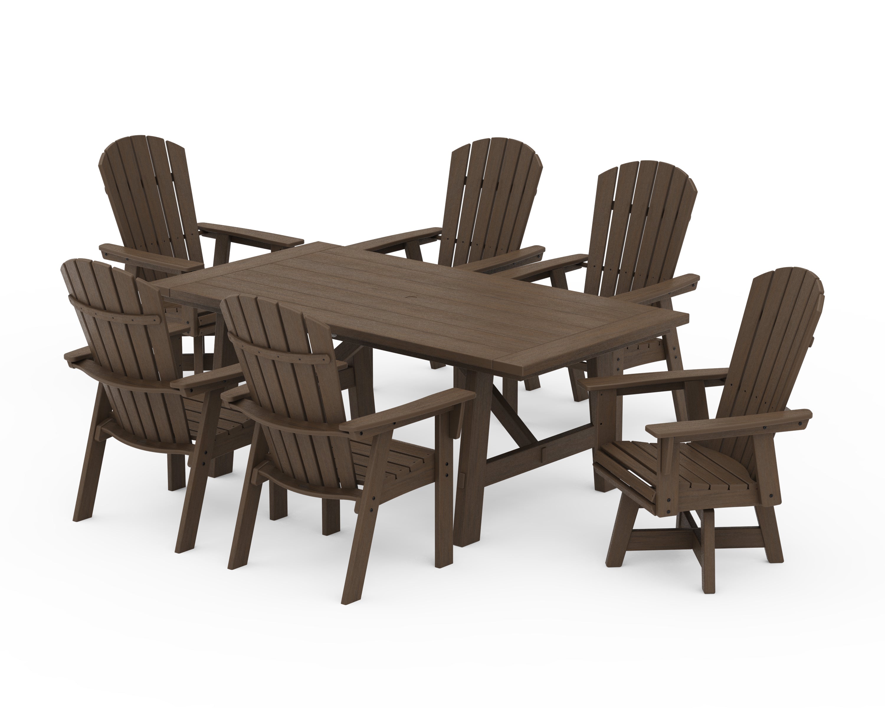 POLYWOOD Nautical Curveback Adirondack Swivel Chair 7-Piece Rustic Farmhouse Dining Set in Kona
