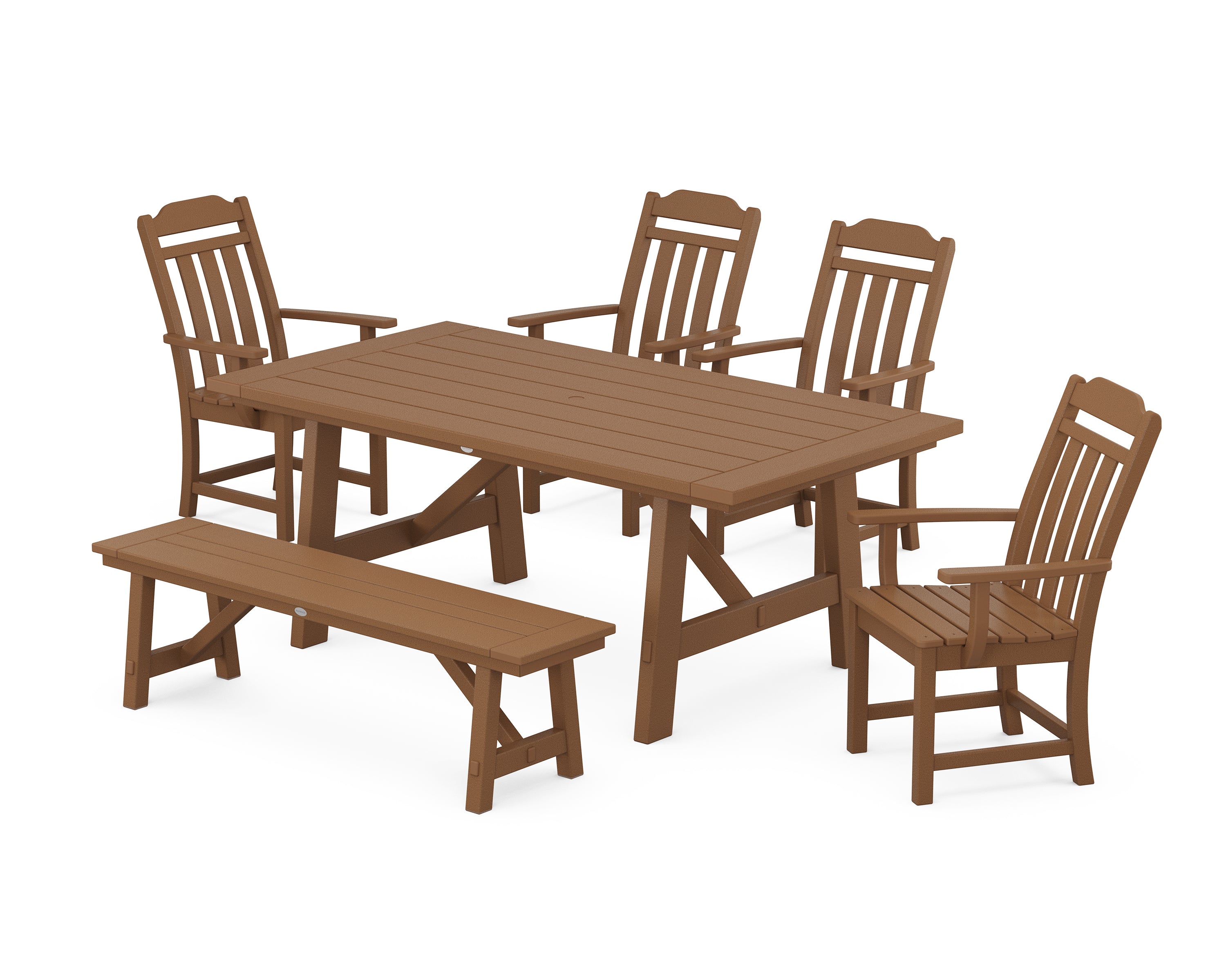 Polywood Country Living 6-Piece Rustic Farmhouse Dining Set with Bench in Teak