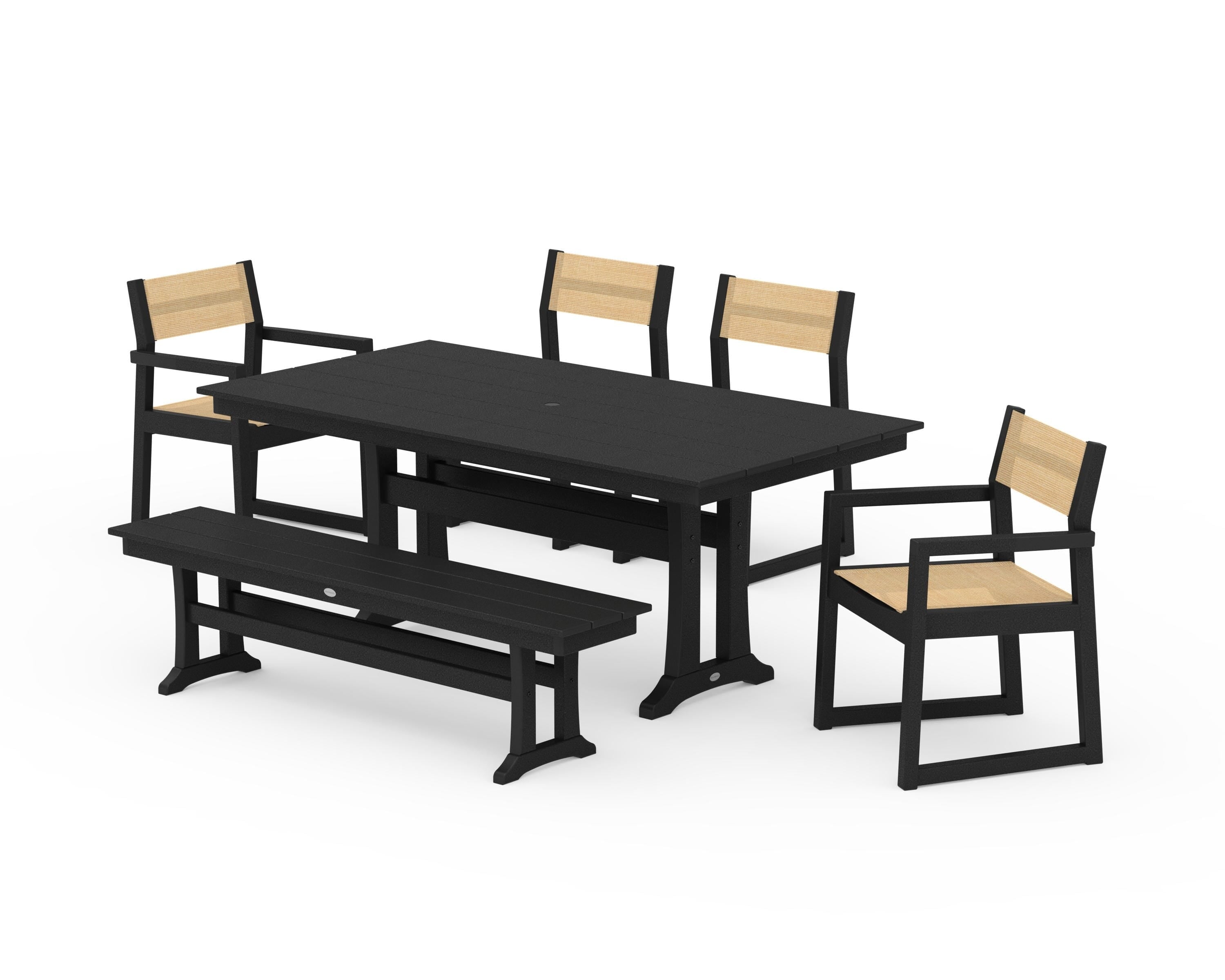 POLYWOOD EDGE Sling 6-Piece Farmhouse Dining Set With Trestle Legs in Black / Dupioni Apricot Sling
