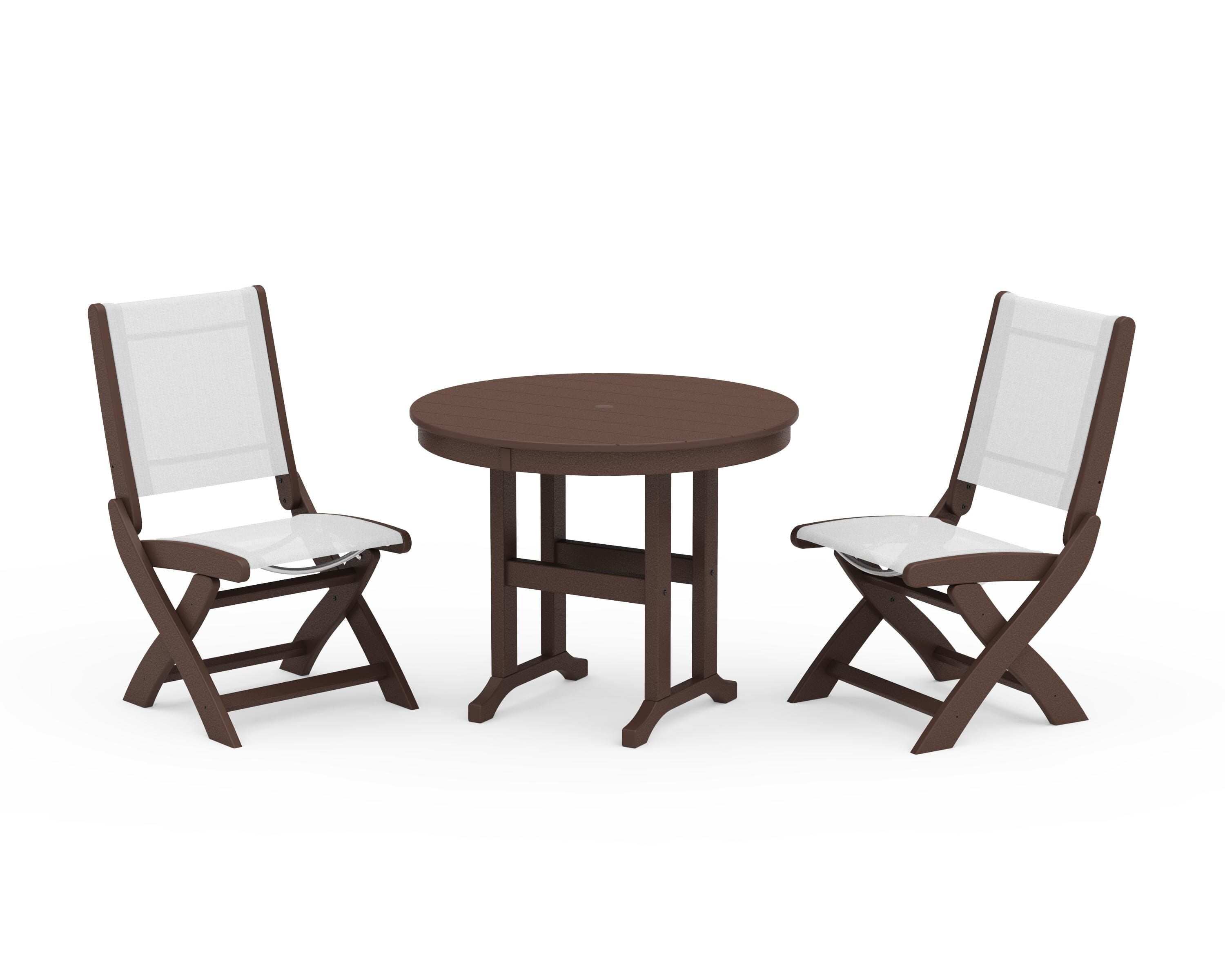 POLYWOOD Coastal Folding Side Chair 3-Piece Round Dining Set in Mahogany / White Sling