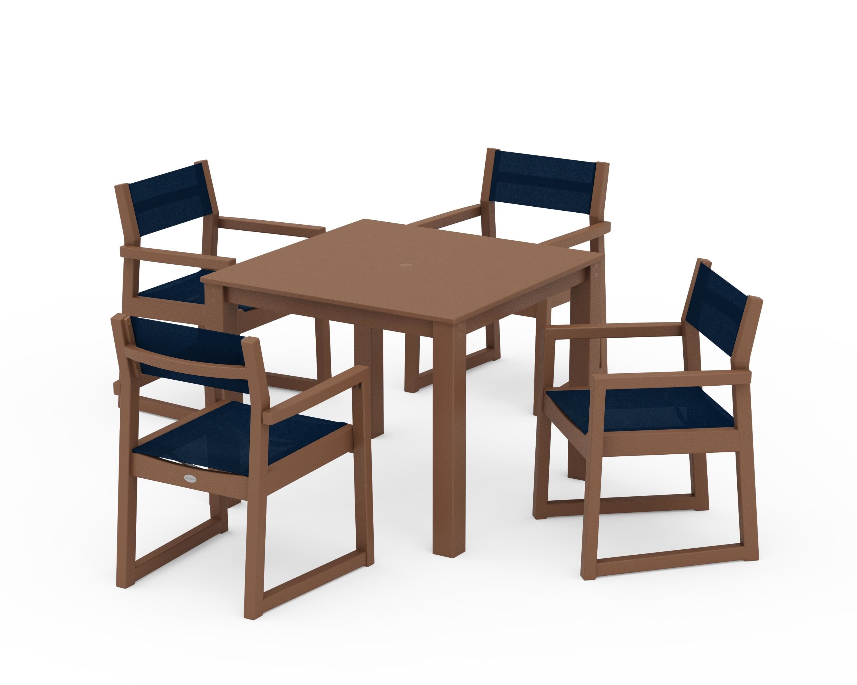 POLYWOOD EDGE Sling Arm Chair 5-Piece Parsons Dining Set in Teak / Navy Blue Sling