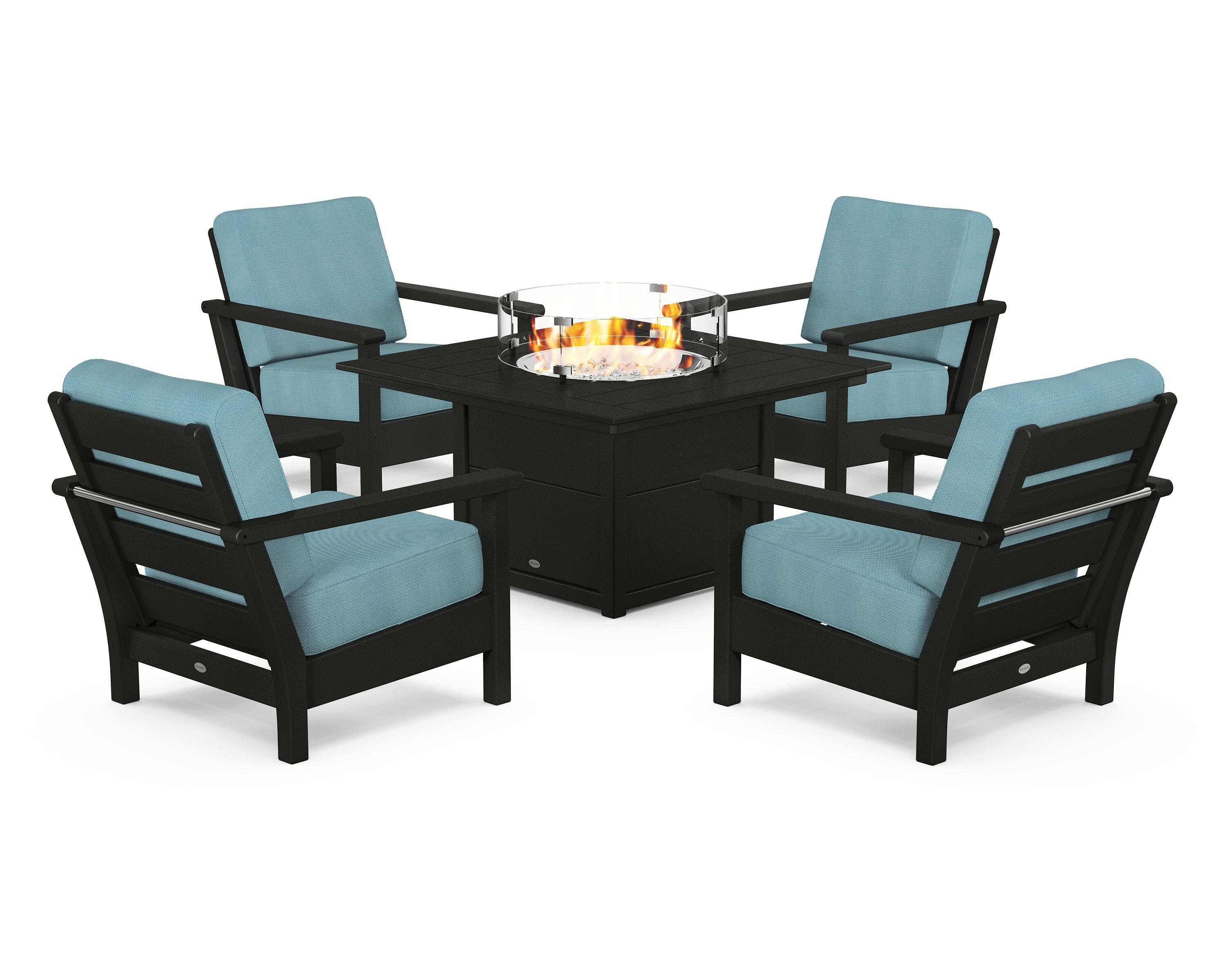 POLYWOOD Harbour 5-Piece Conversation Set with Fire Pit Table in Black / Lattice Sky Blue