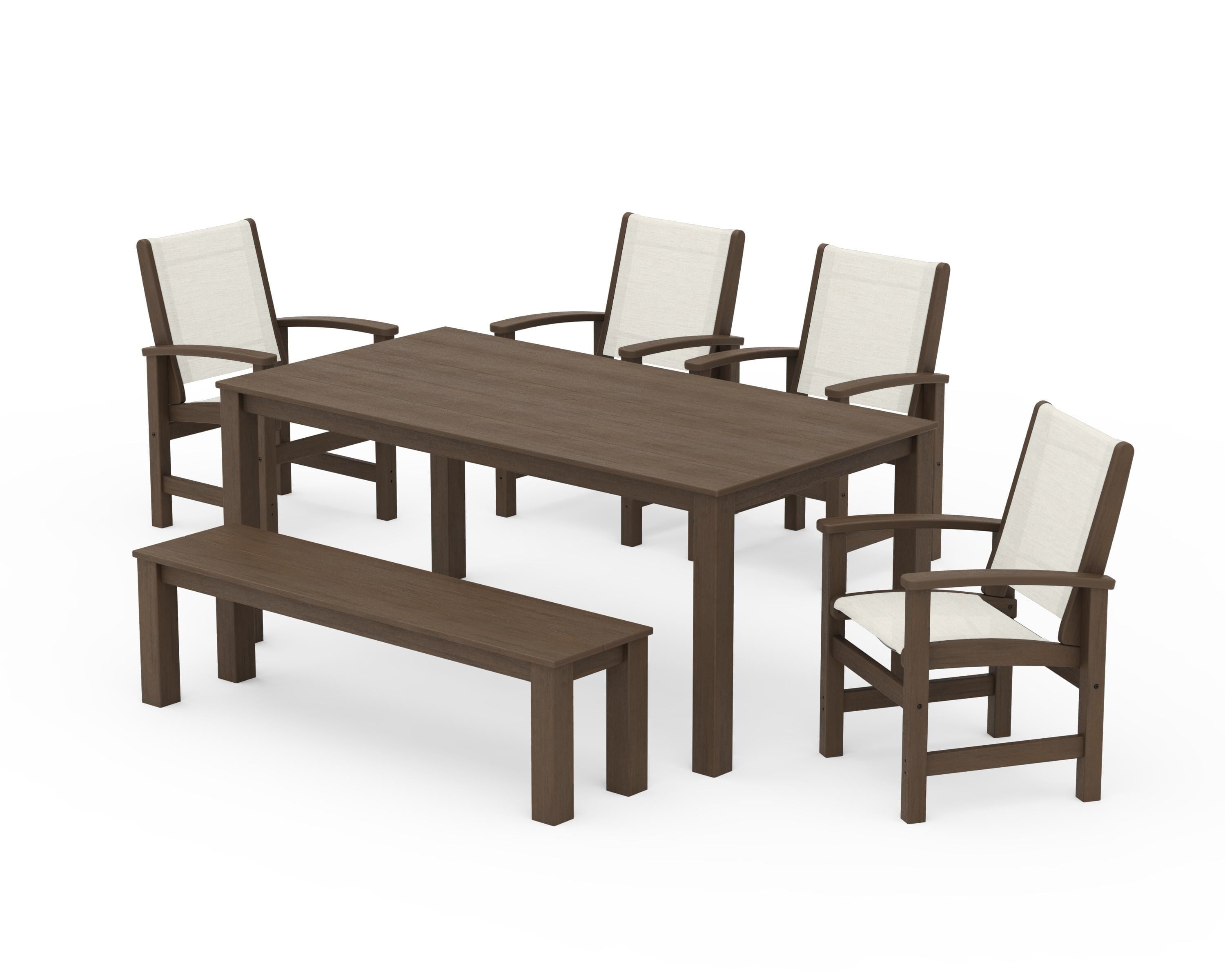 POLYWOOD Coastal 6-Piece Parsons Dining Set with Bench in Kona / Parchment Sling
