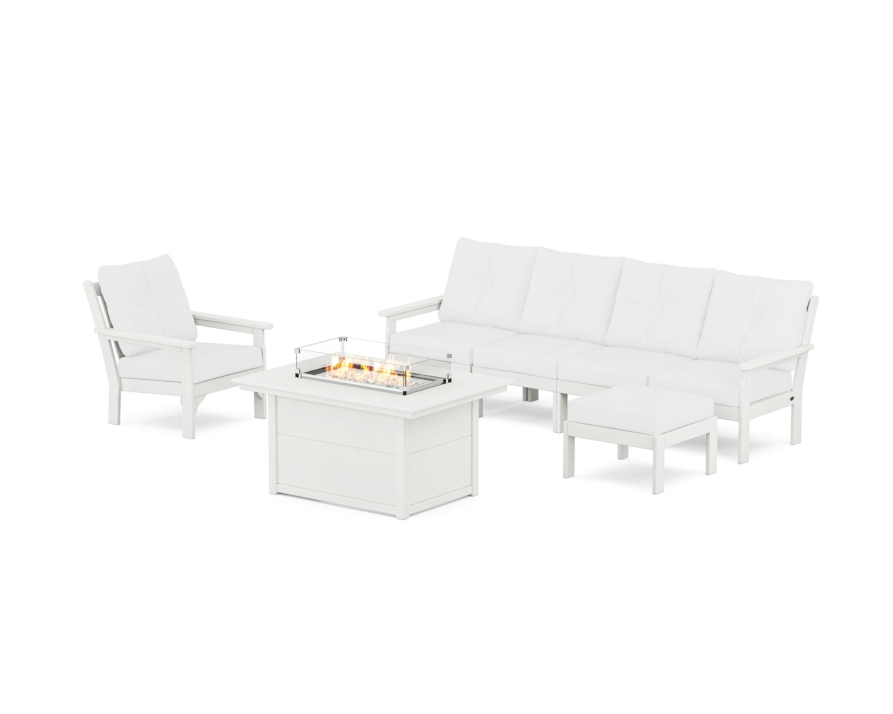 POLYWOOD Vineyard Sectional Lounge and Fire Pit Set in Vintage White / Natural
