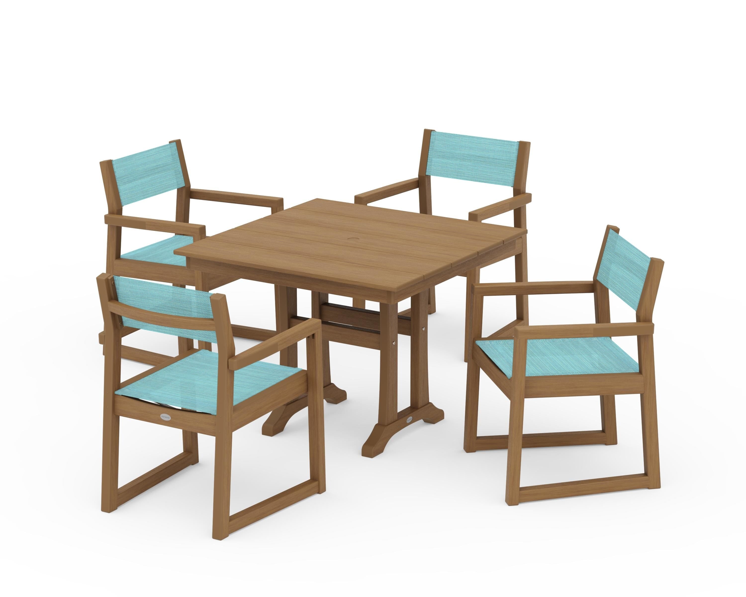 POLYWOOD EDGE Sling 5-Piece Farmhouse Dining Set with Trestle Legs in Natural / Dupioni Aquamarine Sling