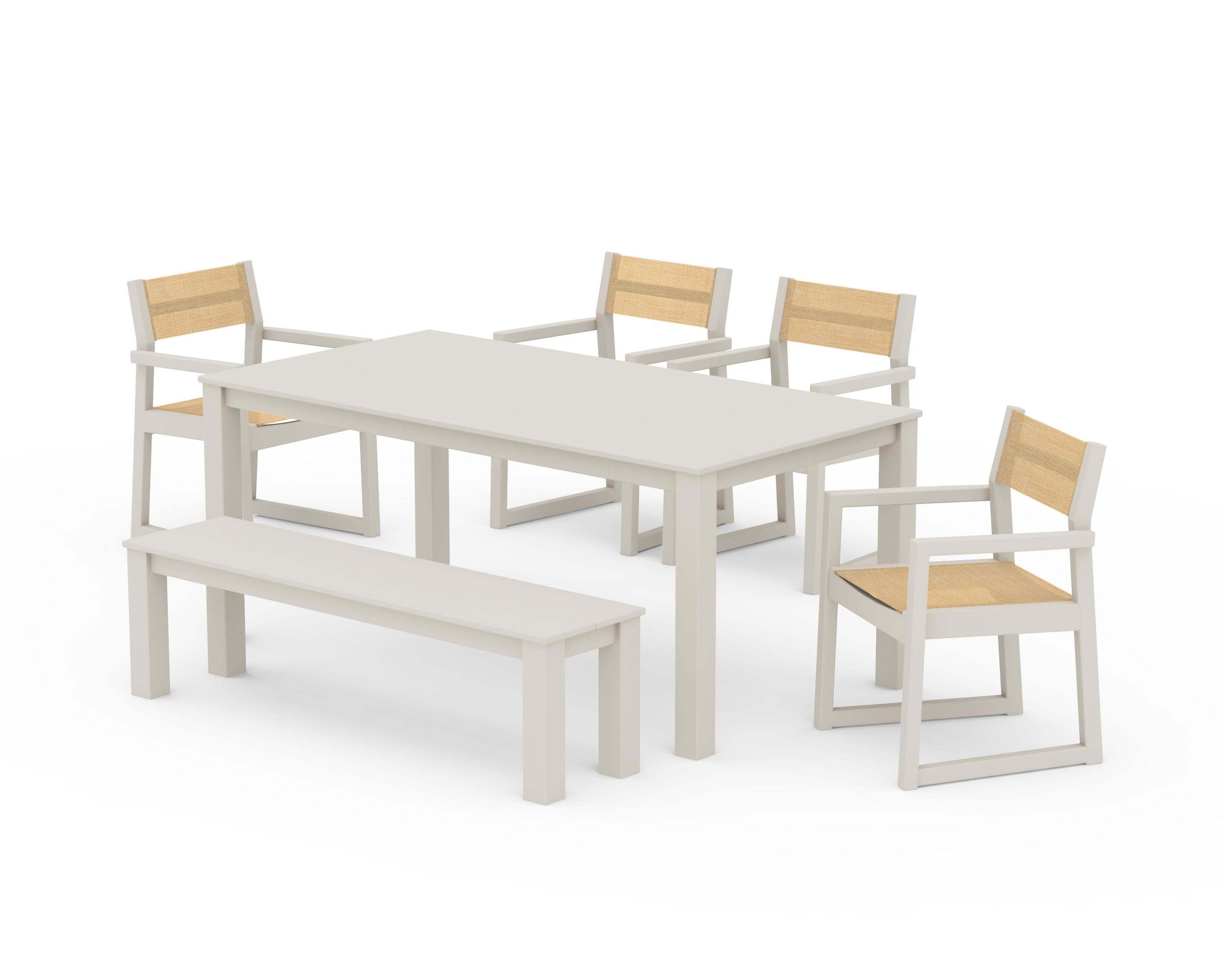 POLYWOOD EDGE Sling Arm Chair 6-Piece Parsons Dining Set with Bench in Sand / Dupioni Apricot Sling