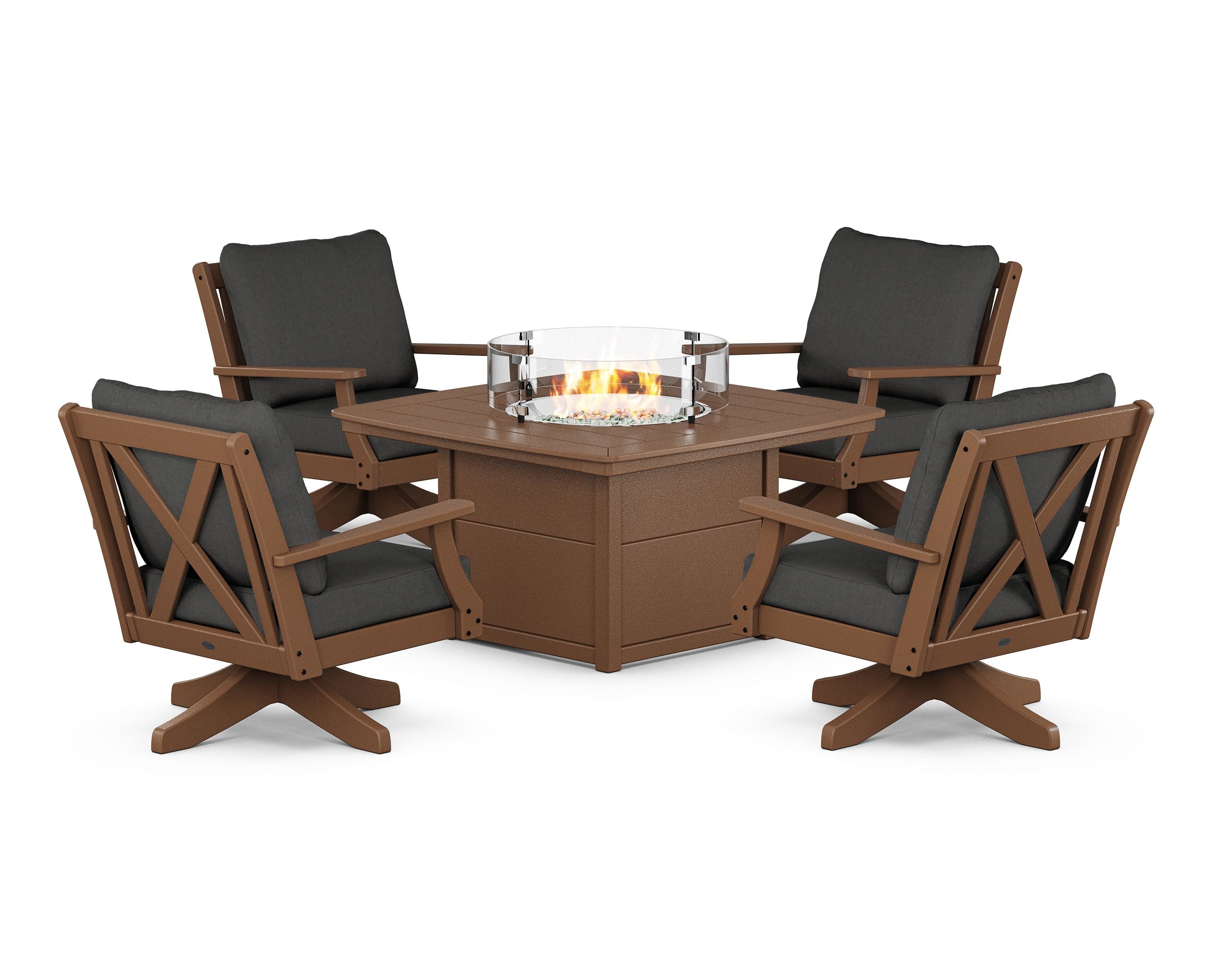 POLYWOOD Braxton 5-Piece Deep Seating Swivel Conversation Set with Fire Pit Table in Teak / Spectrum Carbon