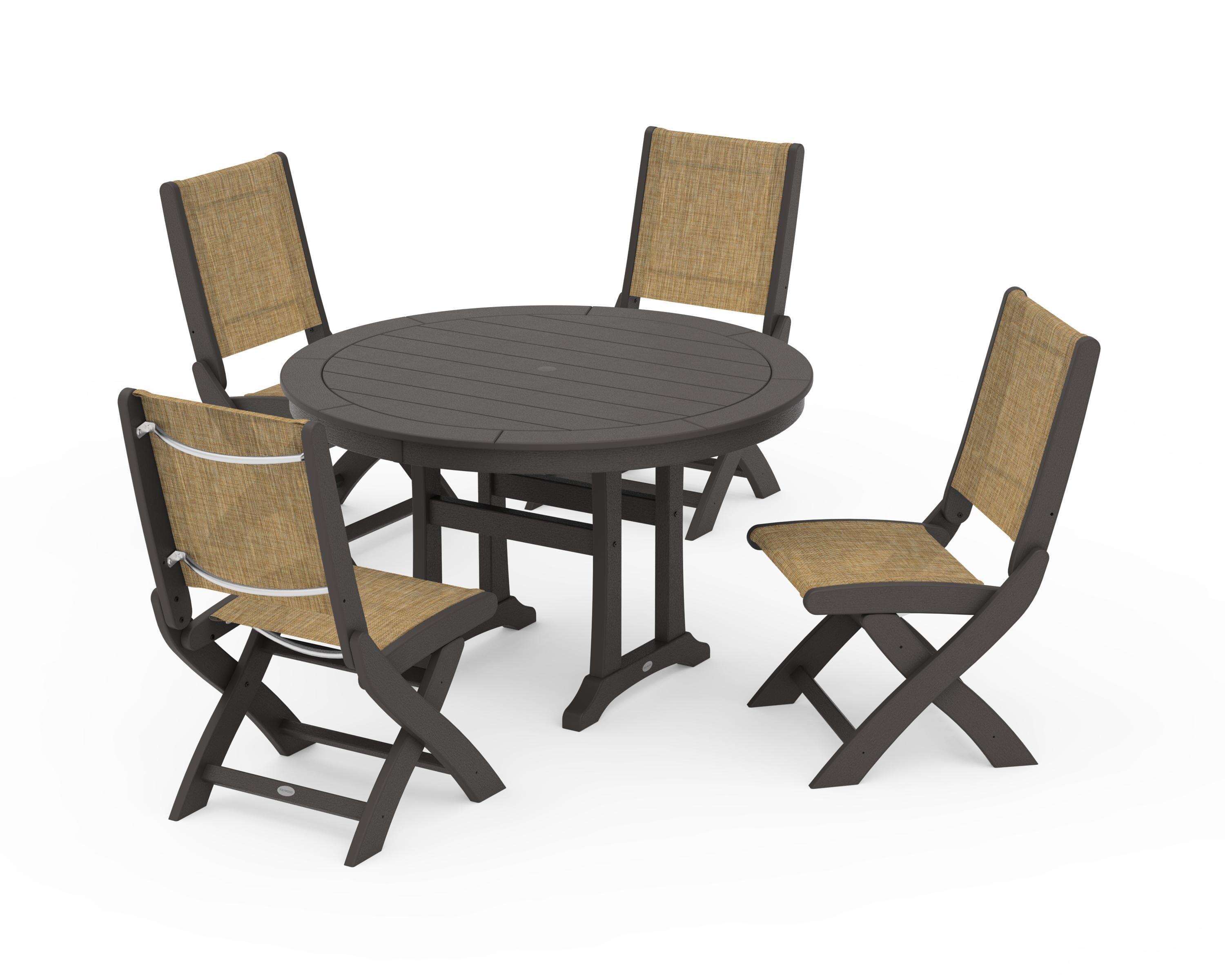 POLYWOOD Coastal Folding Side Chair 5-Piece Round Dining Set With Trestle Legs in Vintage Coffee / Burlap Sling