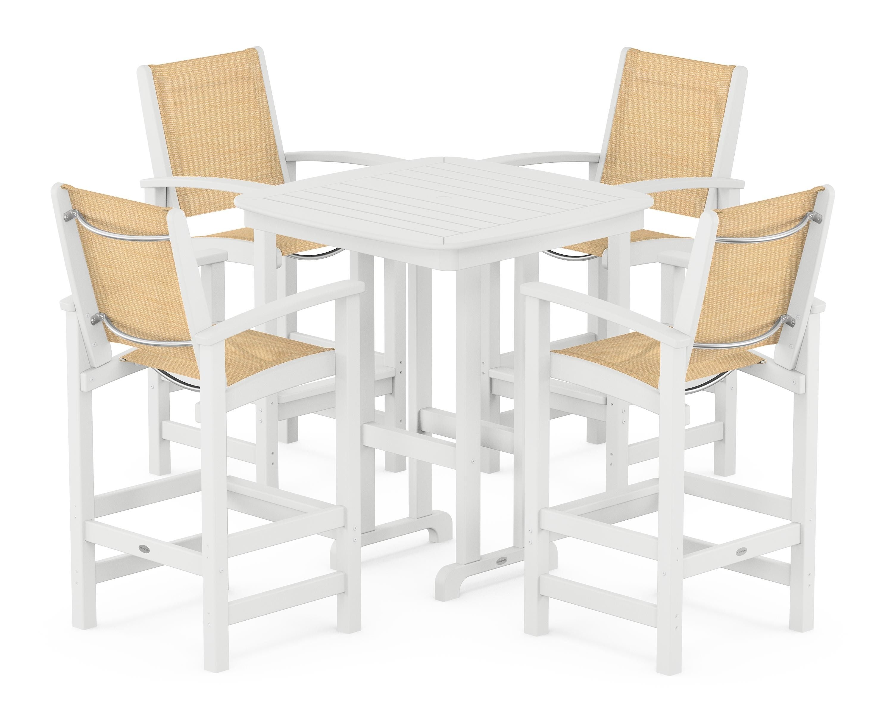 POLYWOOD Coastal 5-Piece Bar Set in White / Dupioni Apricot Sling