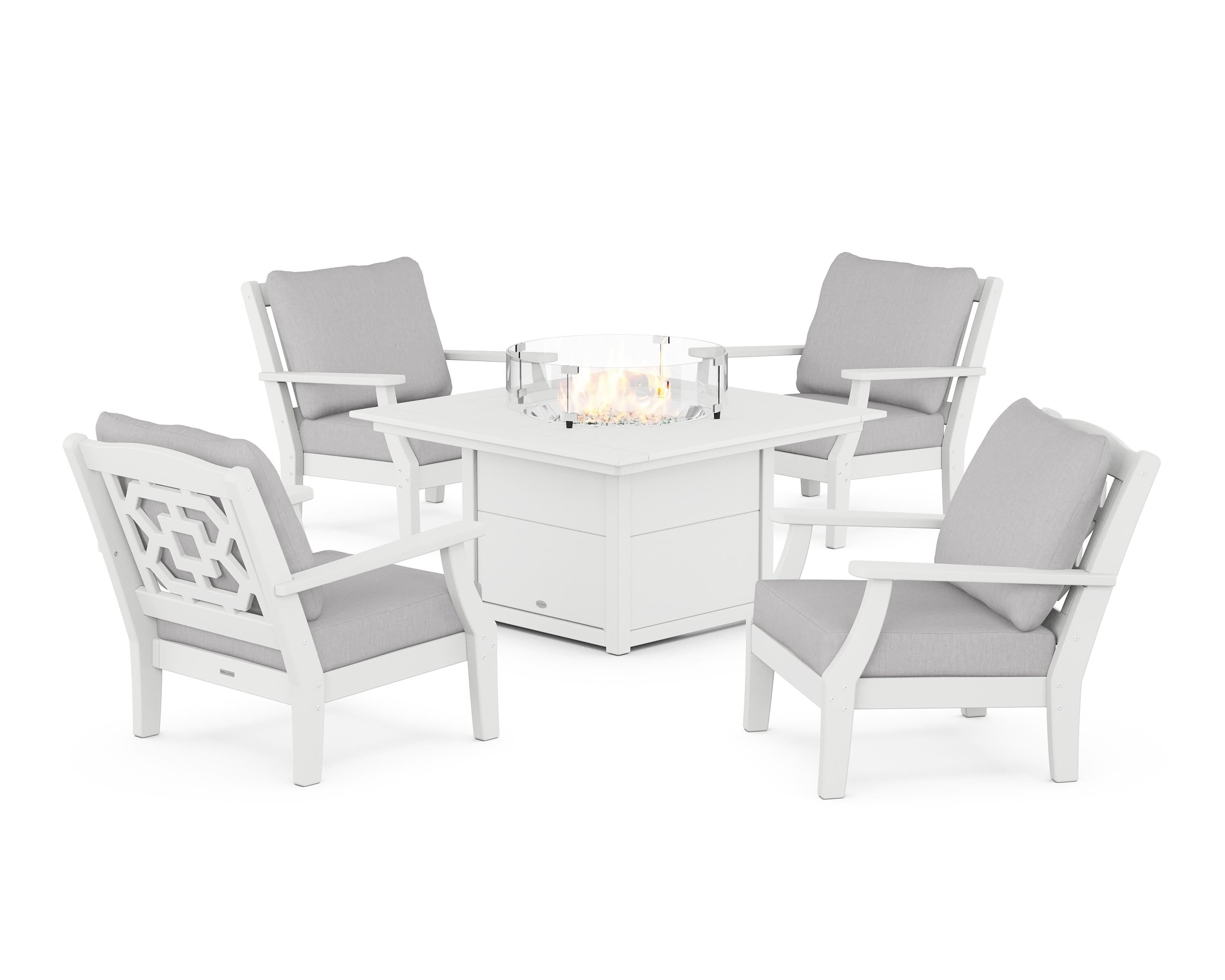 Martha Stewart by POLYWOOD Chinoiserie 5-Piece Deep Seating Set with Fire Pit Table in White / Granite