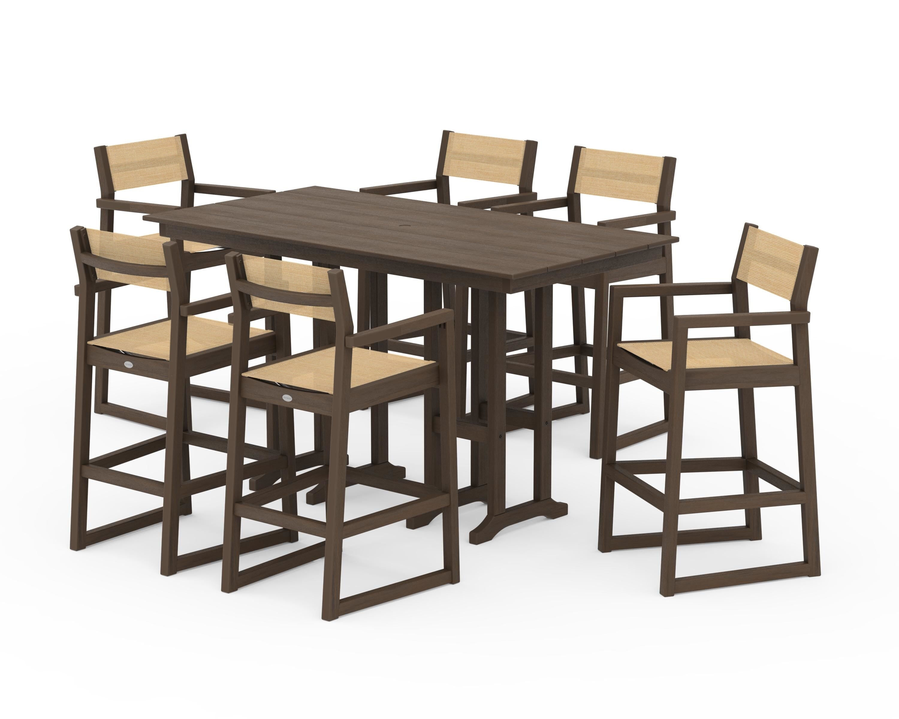 POLYWOOD EDGE Sling Arm Chair 7-Piece Farmhouse Bar Set in Kona / Dupioni Apricot Sling