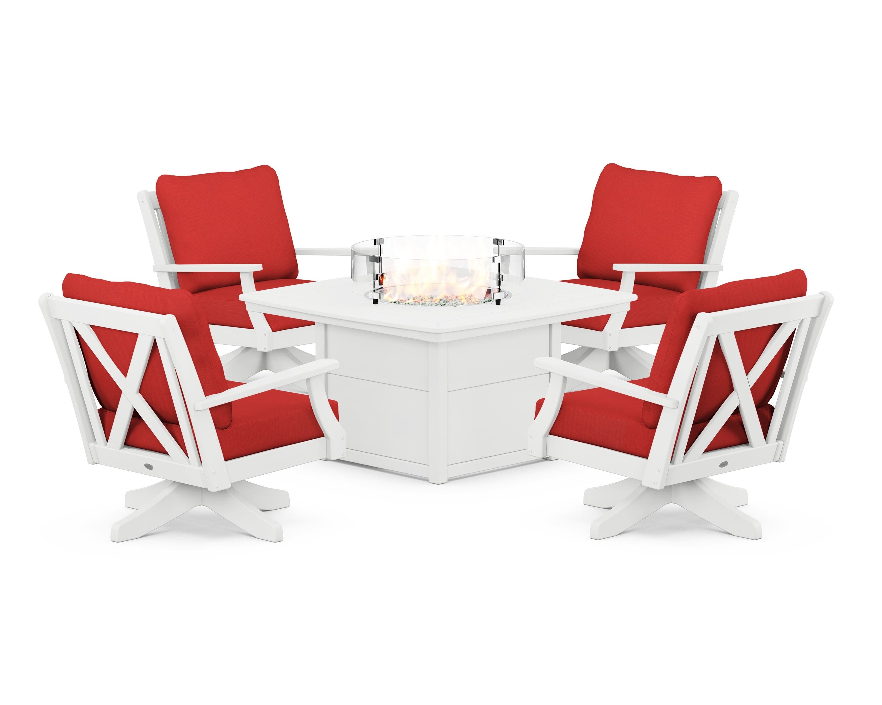 POLYWOOD Braxton 5-Piece Deep Seating Swivel Conversation Set with Fire Pit Table in White / Crimson Linen