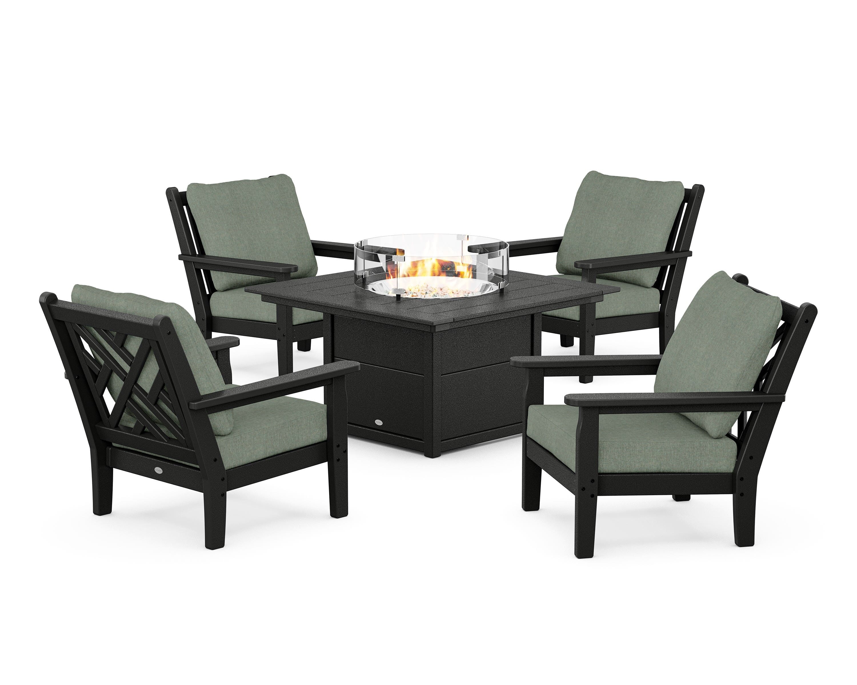 POLYWOOD Chippendale 5-Piece Deep Seating Set with Fire Pit Table in Black / Cast Sage
