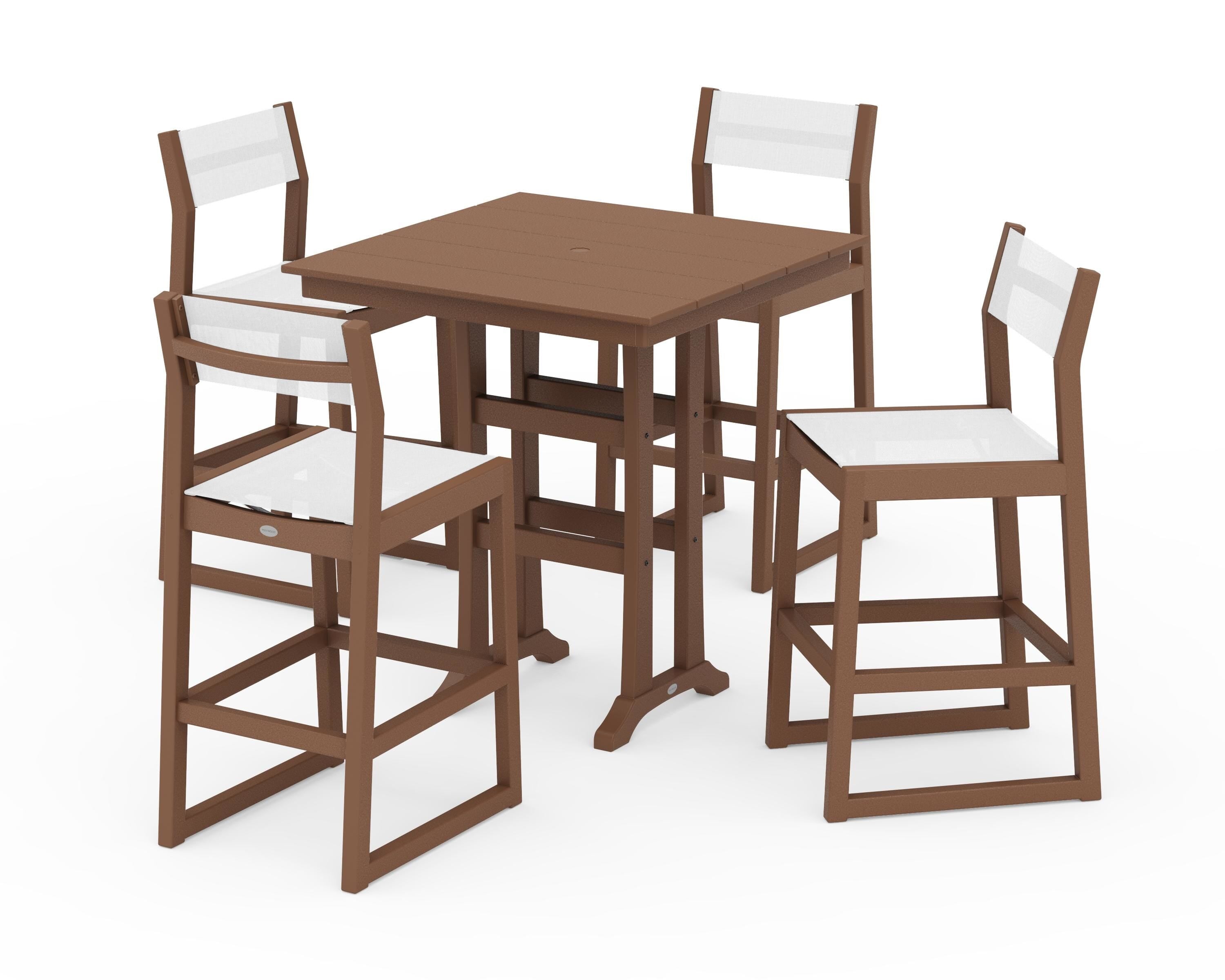 POLYWOOD EDGE Sling Arm Chair 5-Piece Farmhouse Bar Set with Trestle Legs in Teak / White Sling