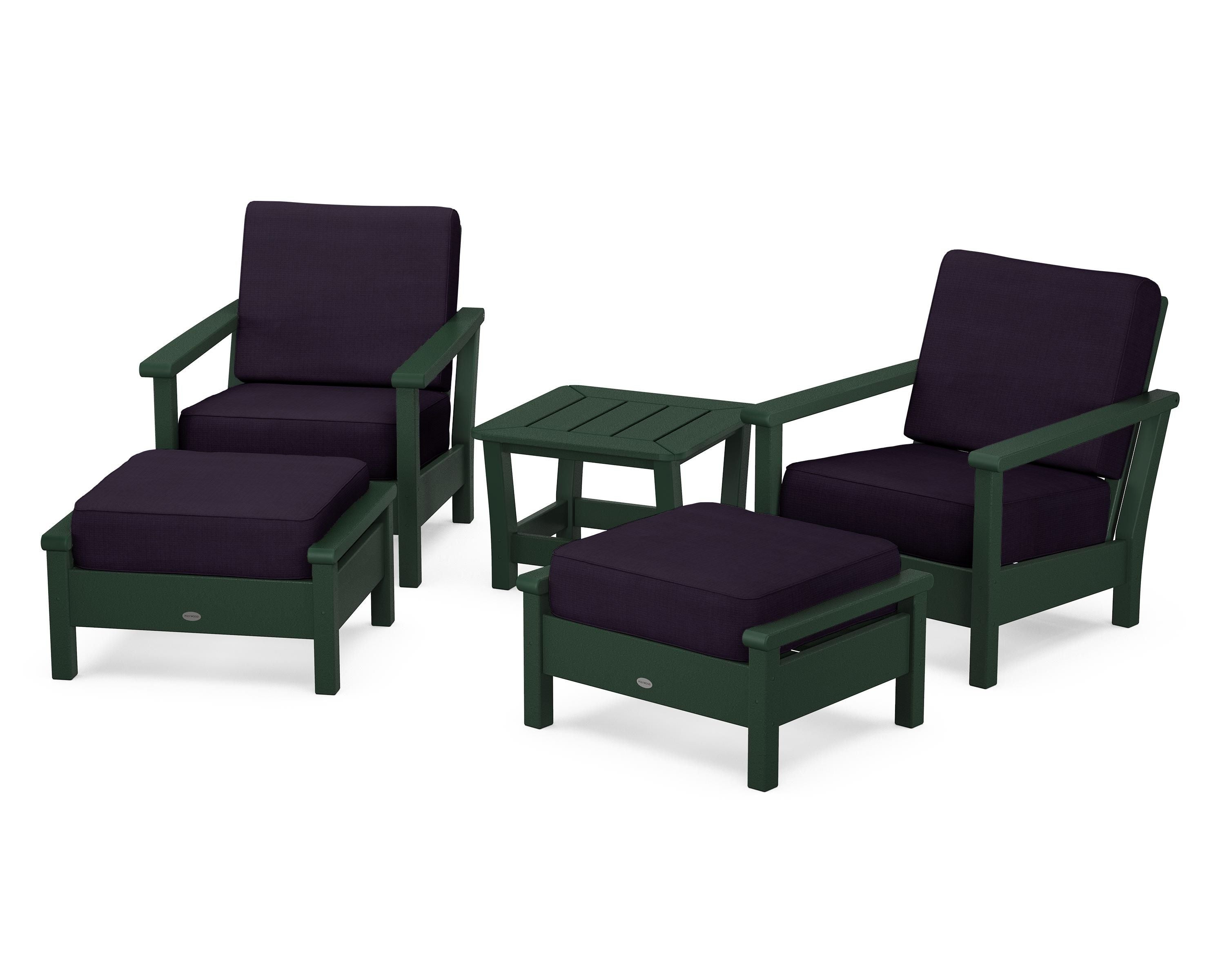 POLYWOOD Harbour 5-Piece Deep Seating Chair Set in Green / Navy Linen