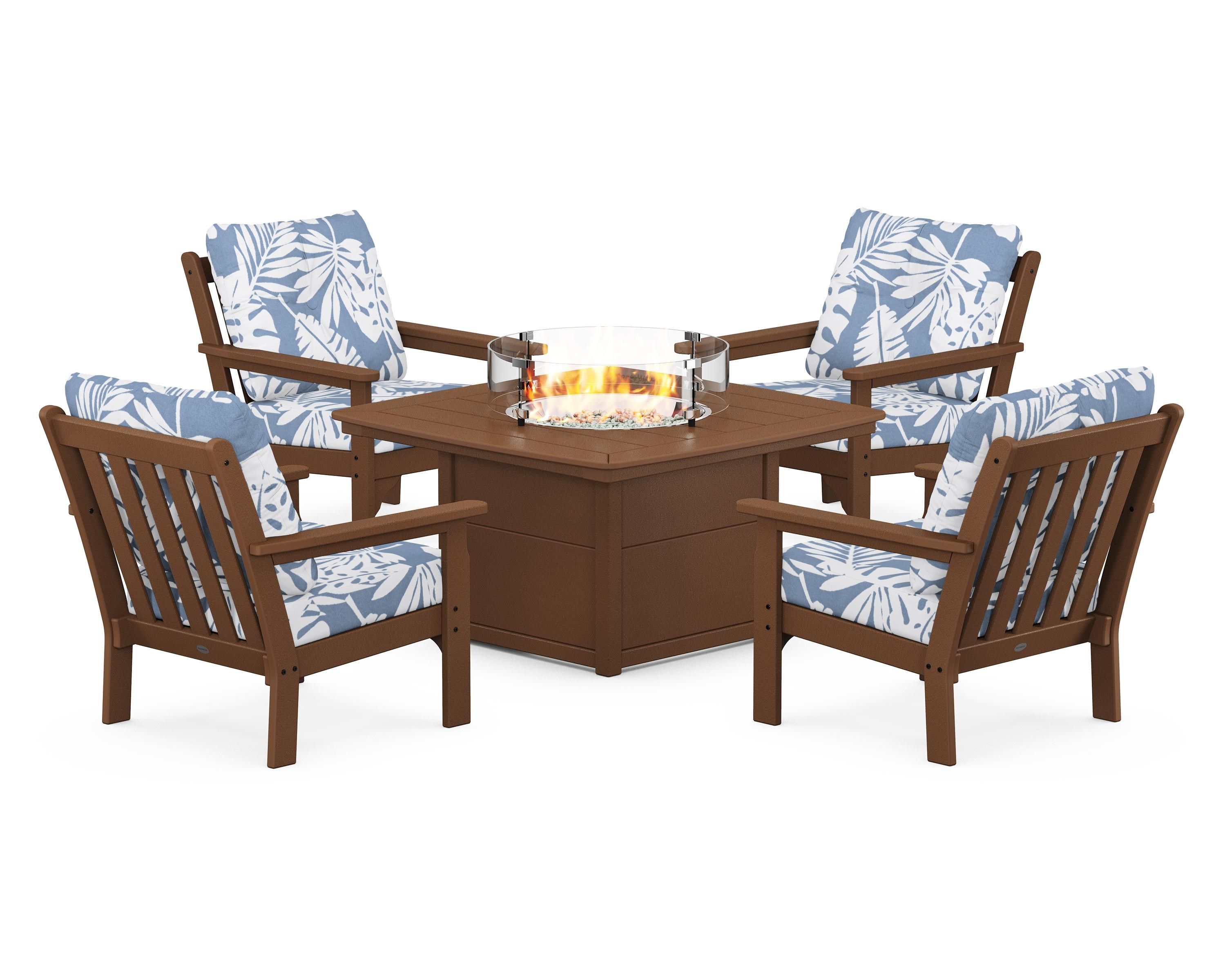 POLYWOOD Vineyard 5-Piece Conversation Set with Fire Pit Table in Teak / Leaf Sky Blue