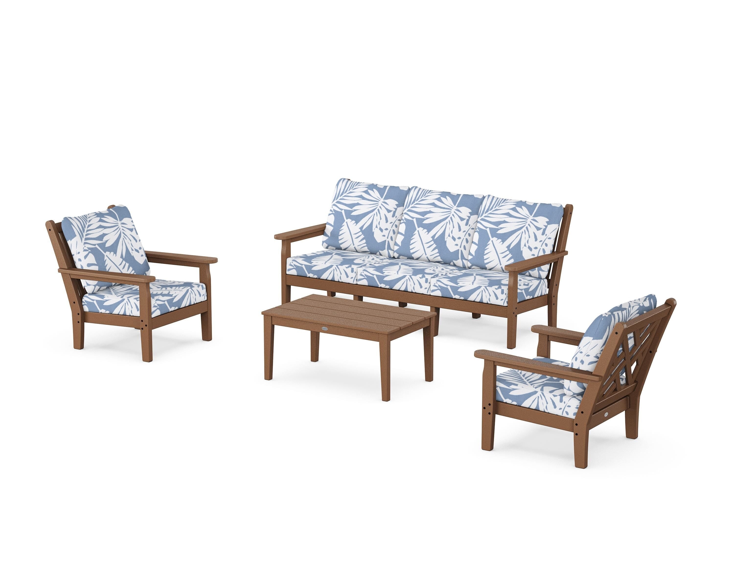 POLYWOOD Chippendale 4-Piece Deep Seating Set with Sofa in Teak / Leaf Sky Blue