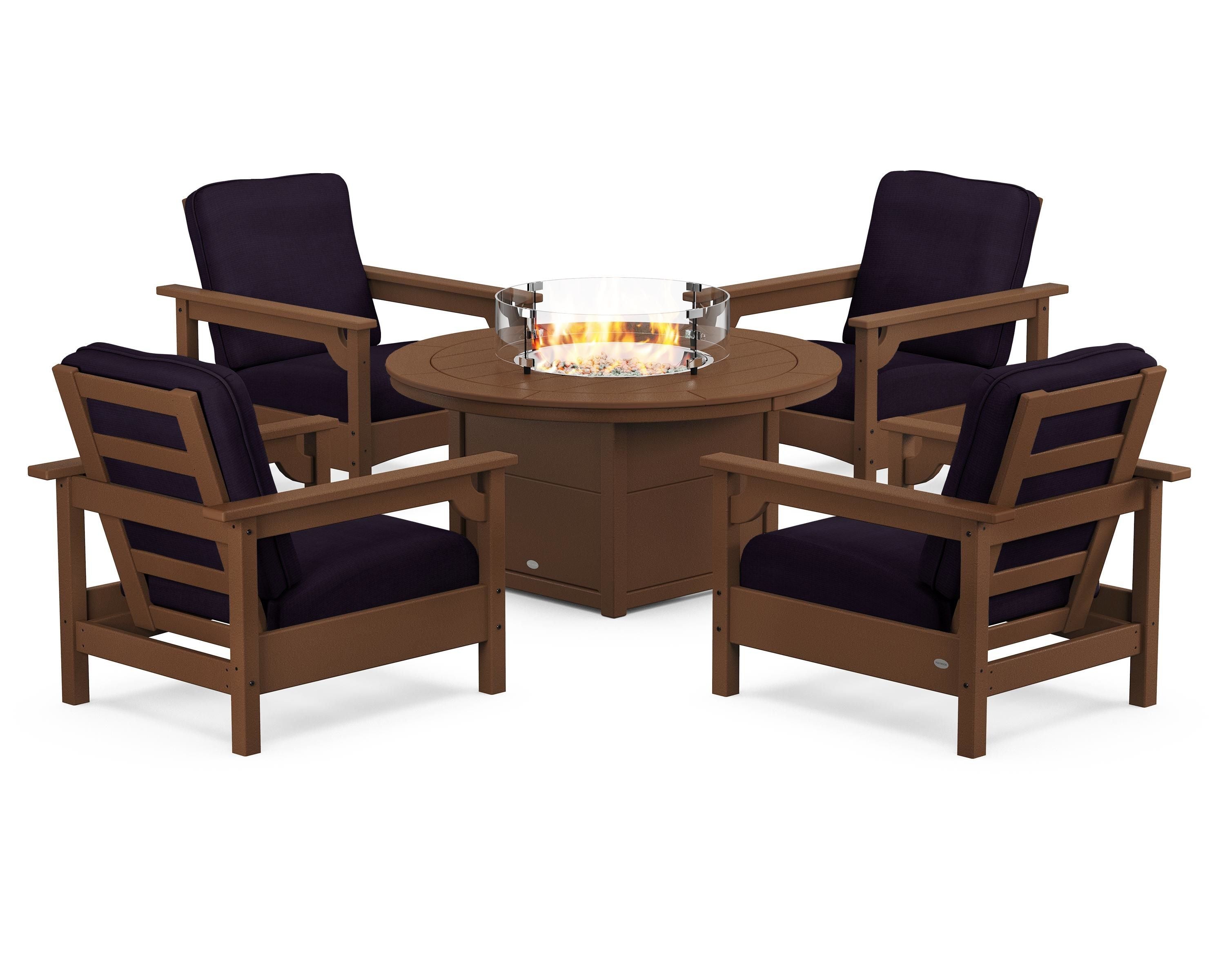 POLYWOOD Club 5-Piece Conversation Set with Fire Pit Table in Teak / Navy Linen