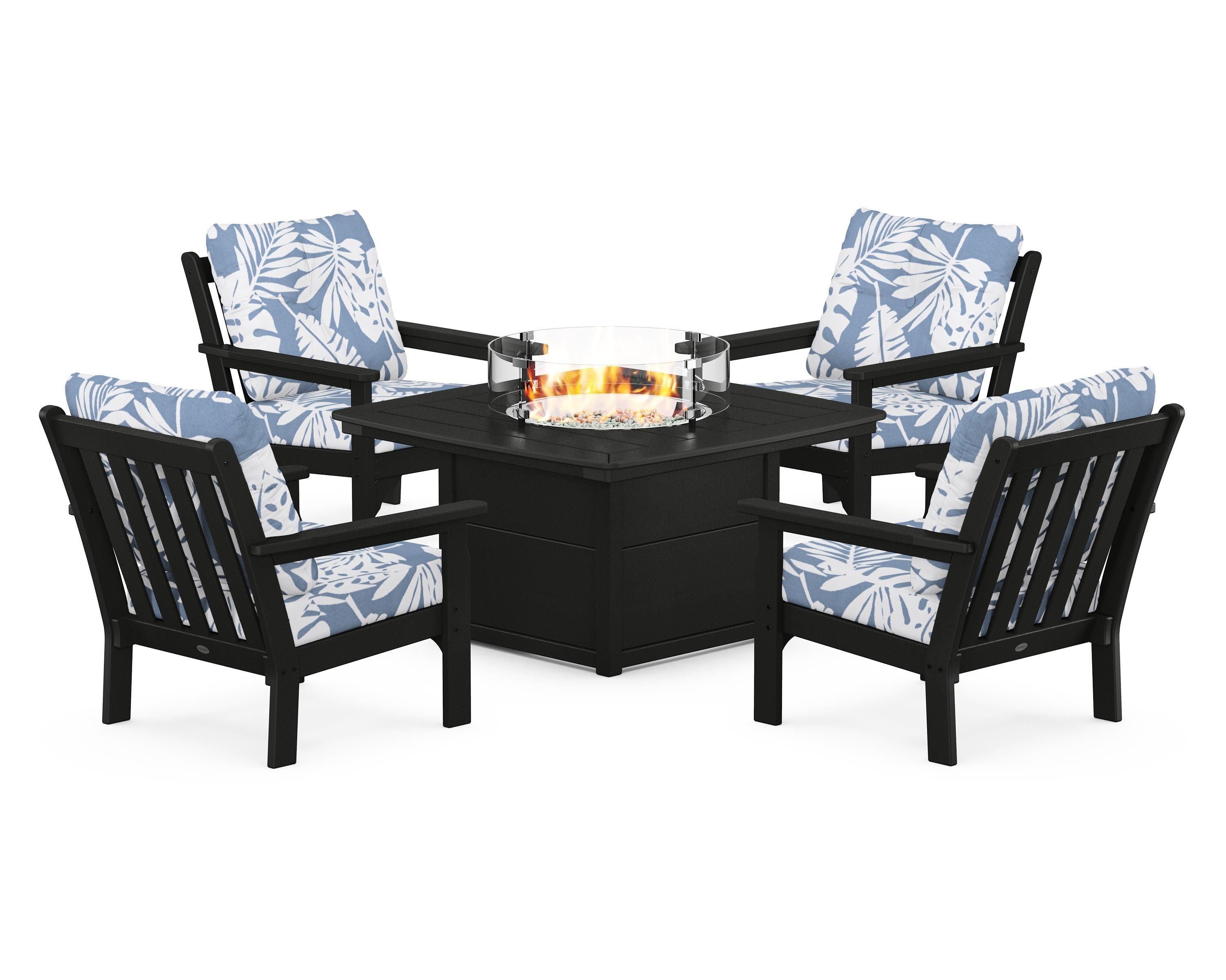 POLYWOOD Vineyard 5-Piece Conversation Set with Fire Pit Table in Black / Leaf Sky Blue