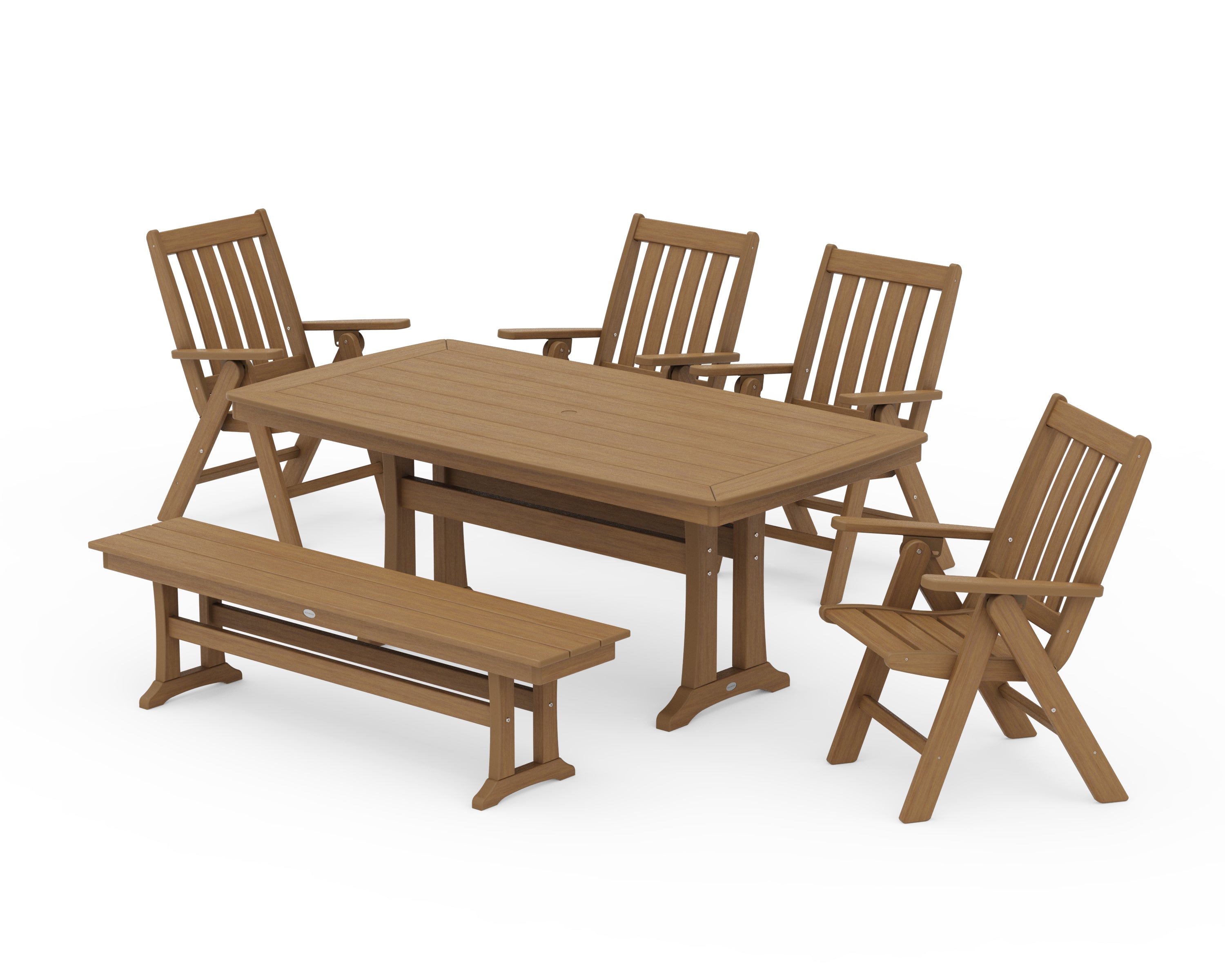 POLYWOOD Vineyard Folding Chair 6-Piece Dining Set with Trestle Legs and Bench in Natural