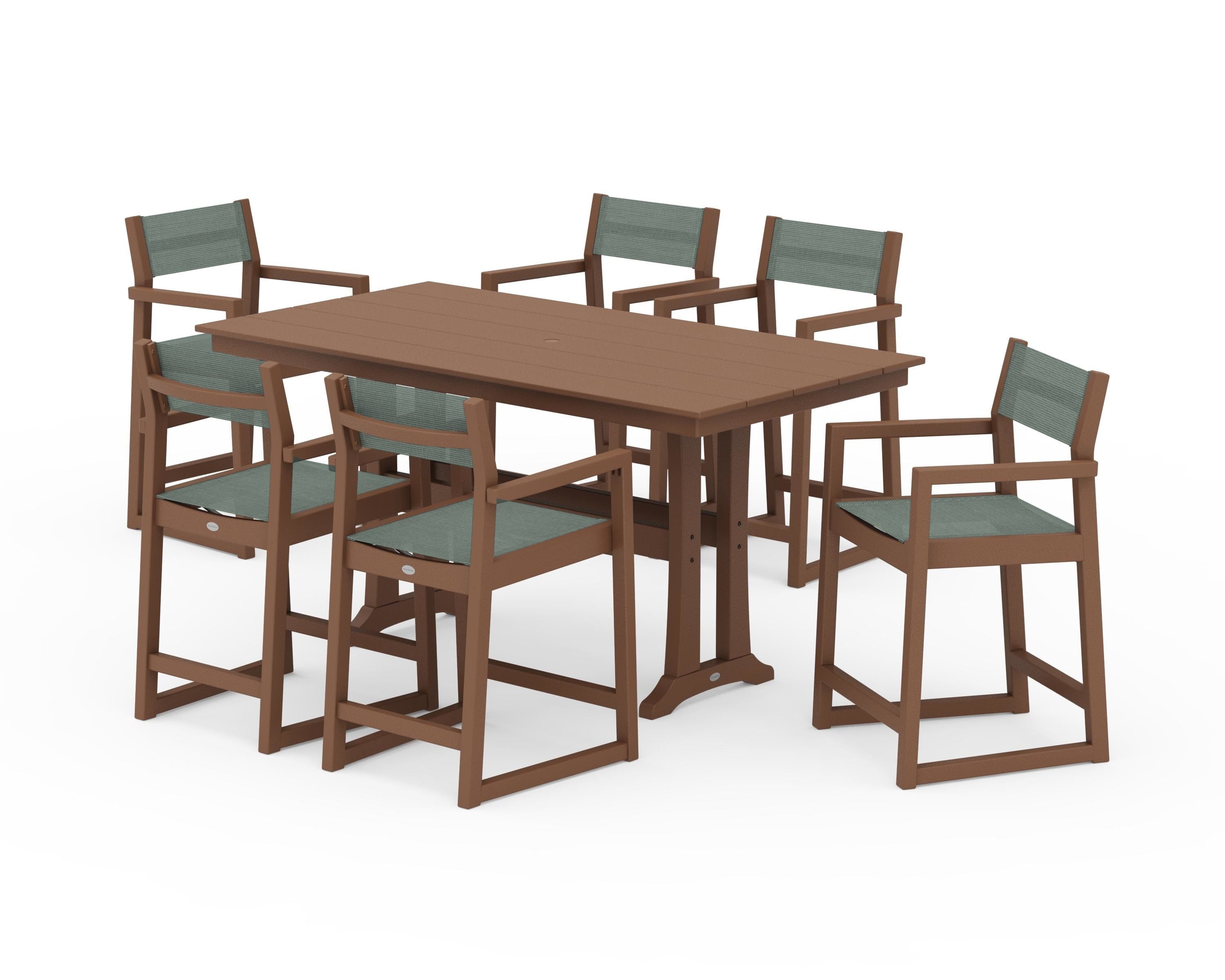 POLYWOOD EDGE Sling Arm Chair 7-Piece Farmhouse Counter Set with Trestle Legs in Teak / Dupioni Sea Mist Sling