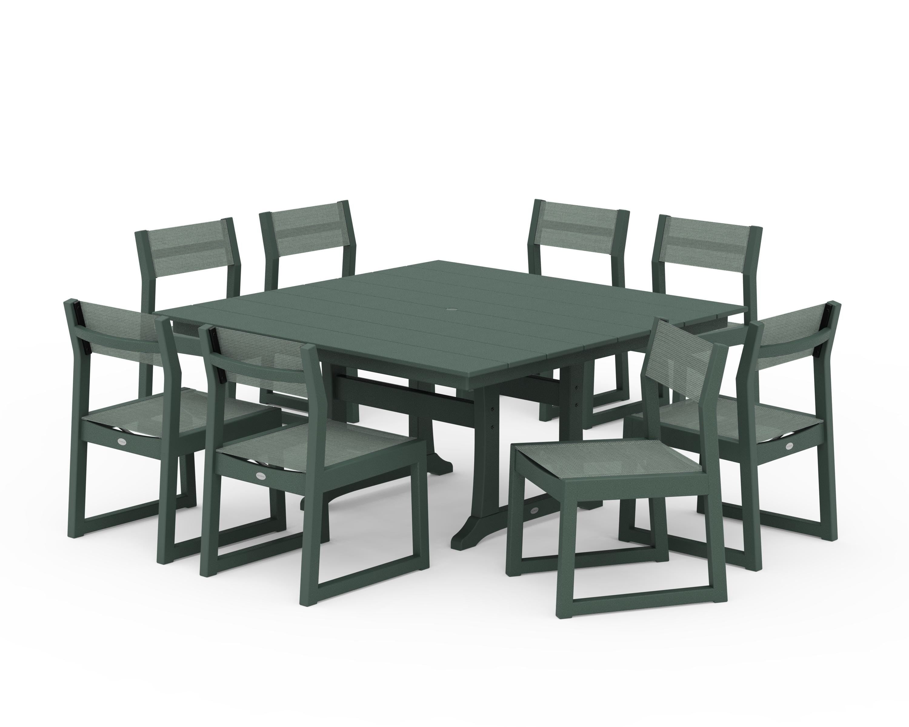 POLYWOOD EDGE Sling Side Chair 9-Piece Farmhouse Trestle Dining Set in Green / Dupioni Sea Mist Sling